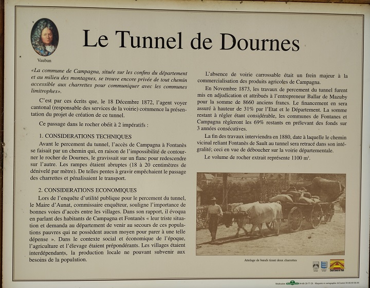 Tunnel sous le chateau de Dournes - panneau de présentation