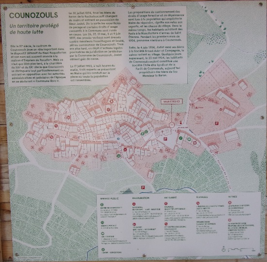 Ayguette, Counozouls - panneau du plan du village et histoire de la commune libre