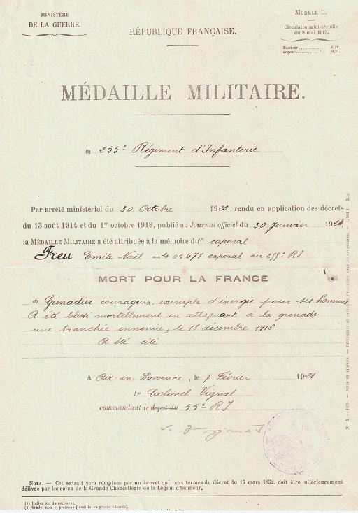 Emile Freu - Médaille militaire