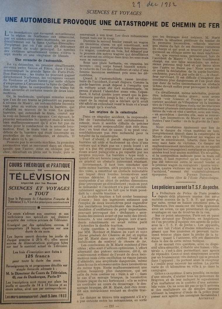 article de Sciences et voyages du 29 12 1932
