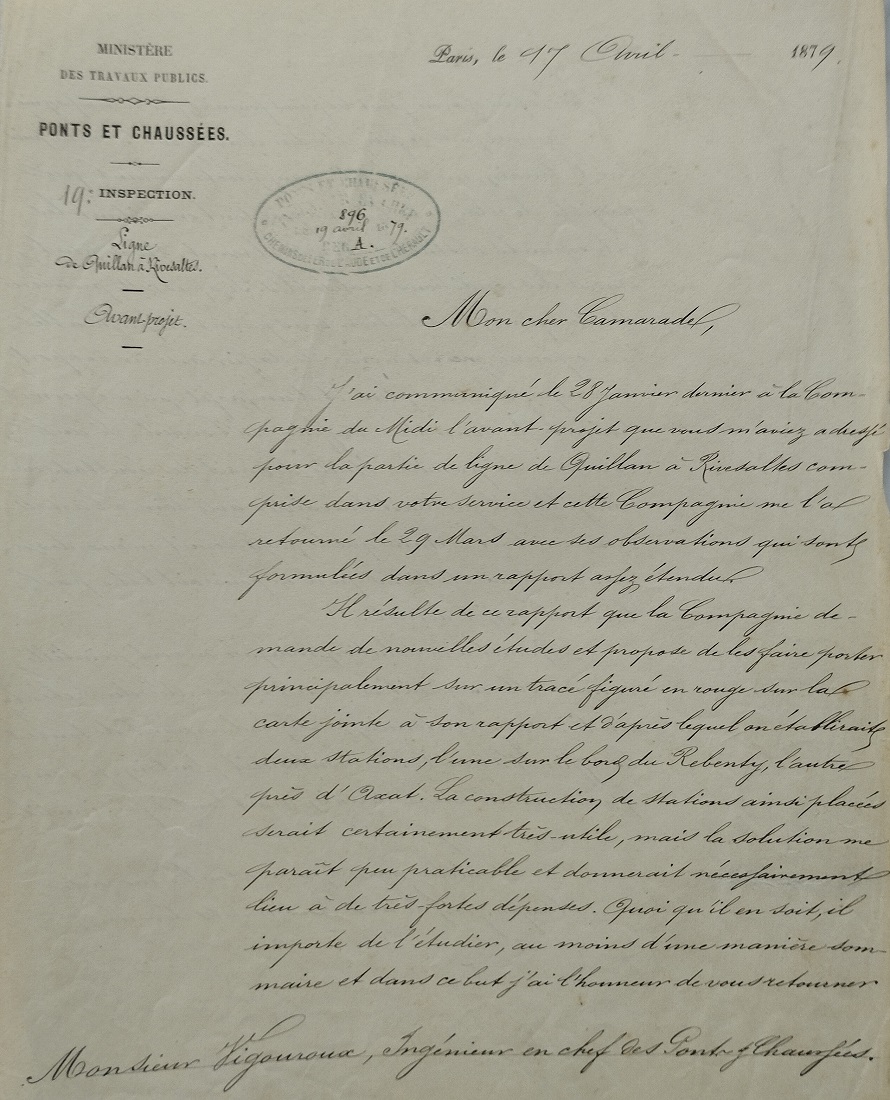 17 avril 1879 - Courrier rapportant la position de la compagnie du midi - 1