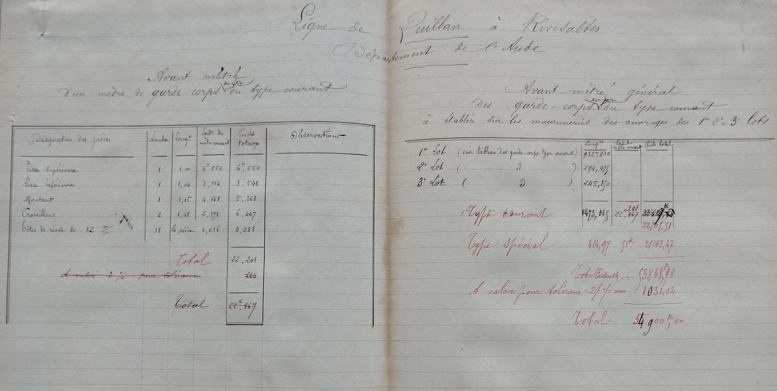 Notes manuscrites sur l'avant métré de 1901 - 2
