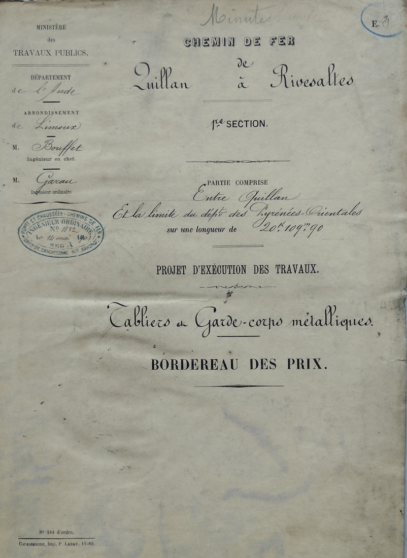 Borderie de prix des tabliers et gardes-corps des grands ouvrages métaliques du 14 mai 1901 - 1