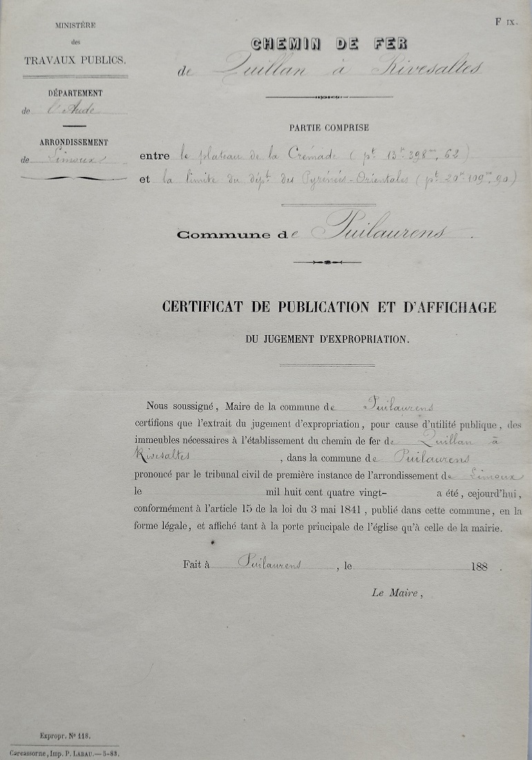 certificat de publication et d'affichage du jugement d'expropriation sur Puilaurens