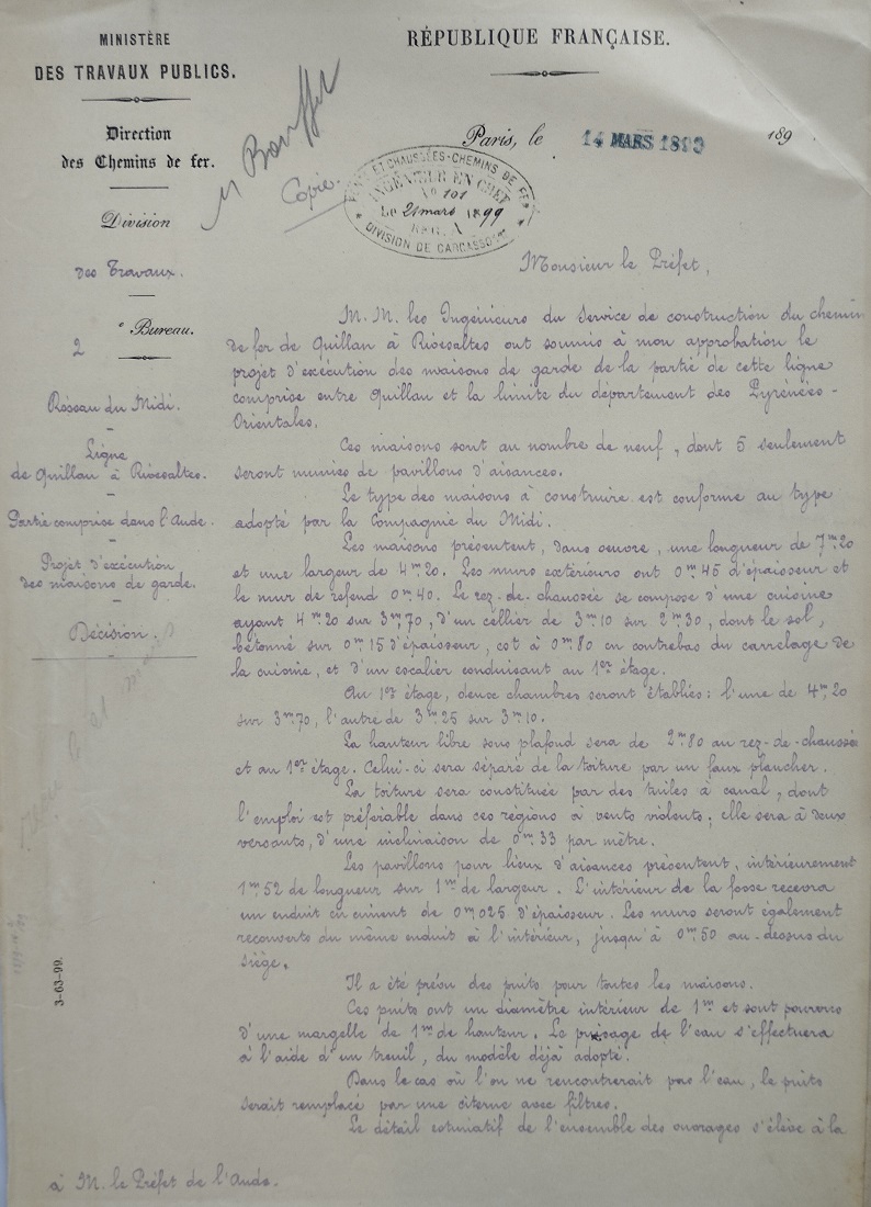 Courrier de la compagnie du Midi au Préfet de l'Aude du 21 mars 1899 - 1