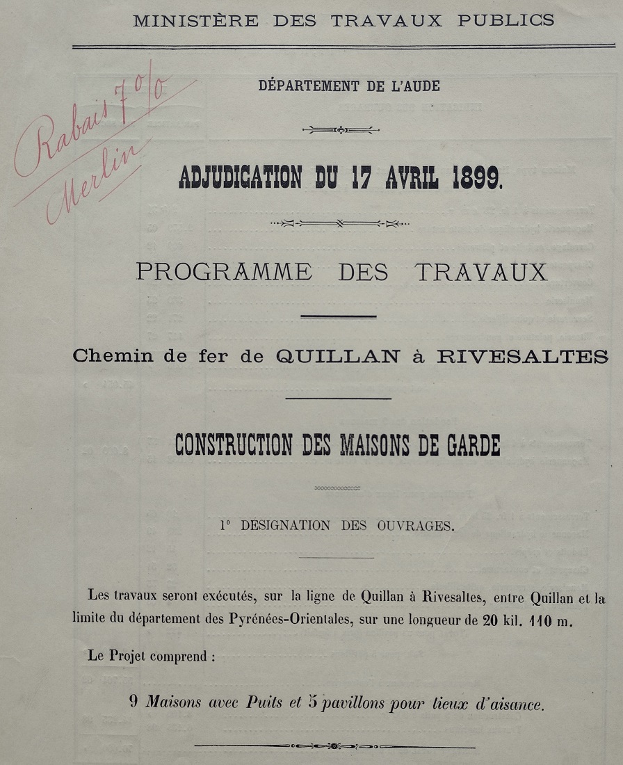 Programme des travaux - adjudication du 18 avril 1899 - prix Merlin 1