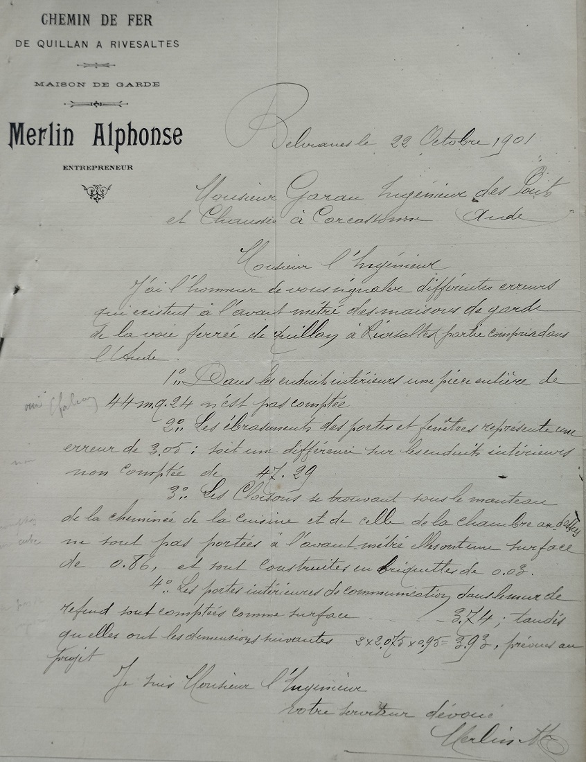 Courrier de réclamation d'Alphonse Merlin à l'ingénieur des Ponts et Chaussées Garau du 22 octobre 1901