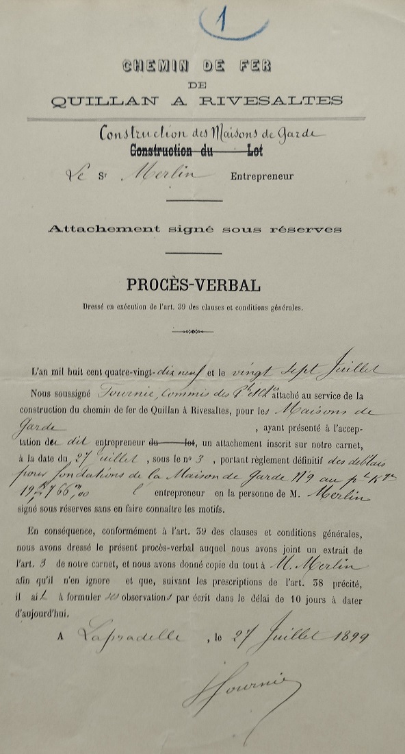 Attachement pour règlement des déblais de la maison de garde n°9 du 27 juillet 1899
