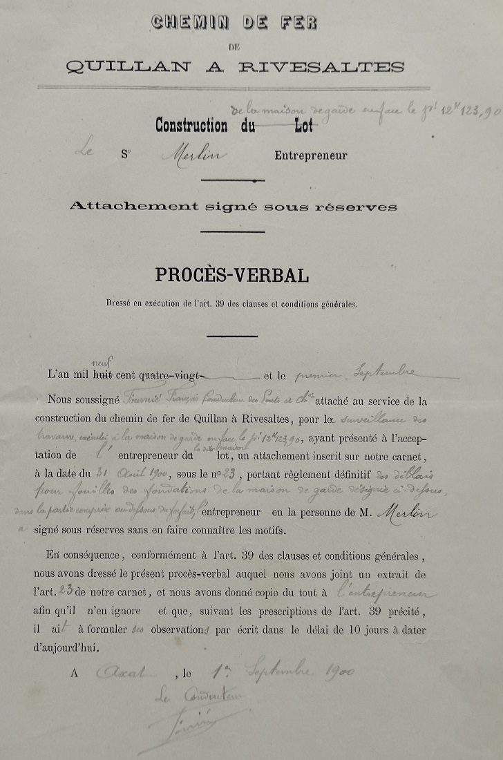Attachement pour règlement des déblais de la maison de garde n°5 du 1 septembre 1900