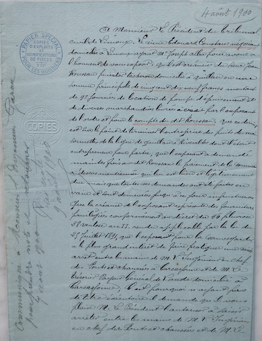 04 Août 1900 - Acte d'huissier à l'encontre de Jean Rousseau pour prélever sur sommes dû pour la construction des puits - 1