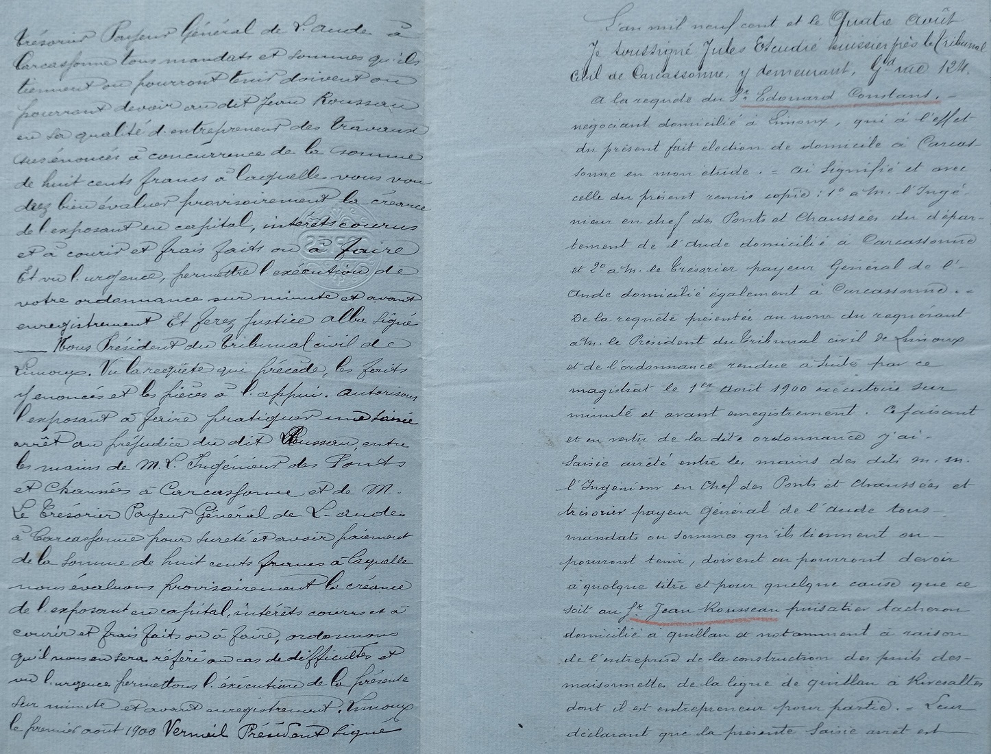 04 Août 1900 - Acte d'huissier à l'encontre de Jean Rousseau pour prélever sur sommes dû pour la construction des puits - 2