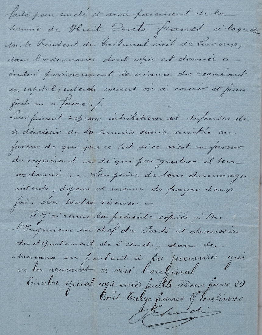 04 Août 1900 - Acte d'huissier à l'encontre de Jean Rousseau pour prélever sur sommes dû pour la construction des puits - 3