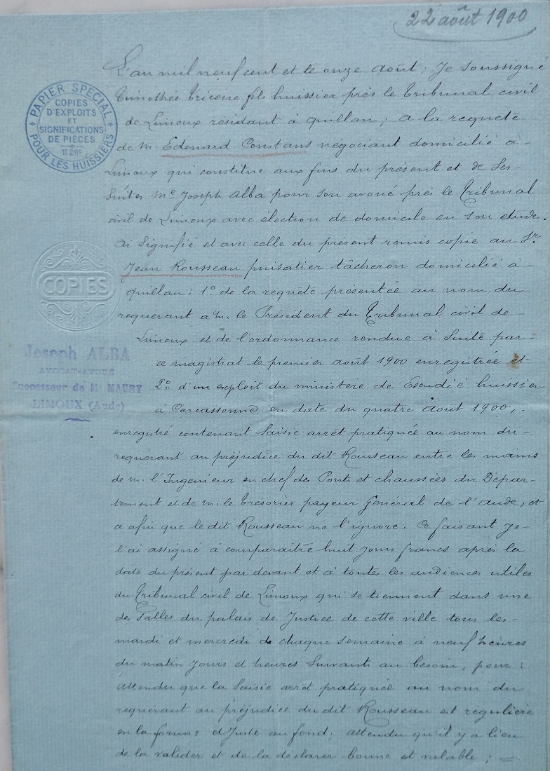 04 Août 1900 - Acte d'huissier à l'encontre de Jean Rousseau pour prélever sur sommes dû pour la construction des puits - 4
