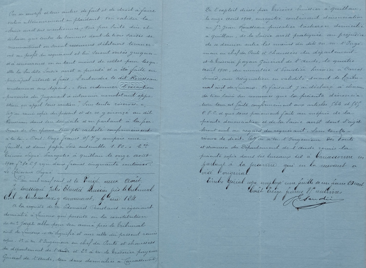 04 Août 1900 - Acte d'huissier à l'encontre de Jean Rousseau pour prélever sur sommes dû pour la construction des puits - 5