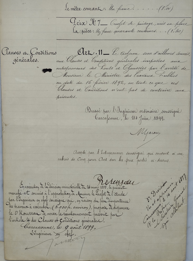 24 juin 1899 - Descriptif : Construction des puits des maisons de garde - 5 idem avec signature Rousseau (l'entrepreneur)