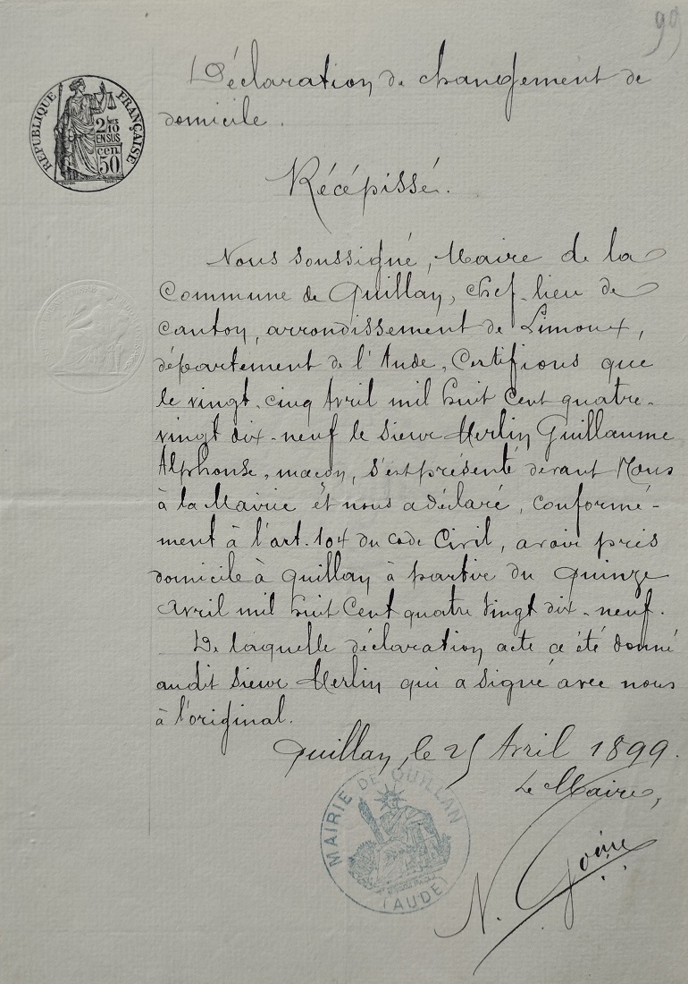 Déménagement à Quillan d'Alphonse Merlin du 25 avril 1899