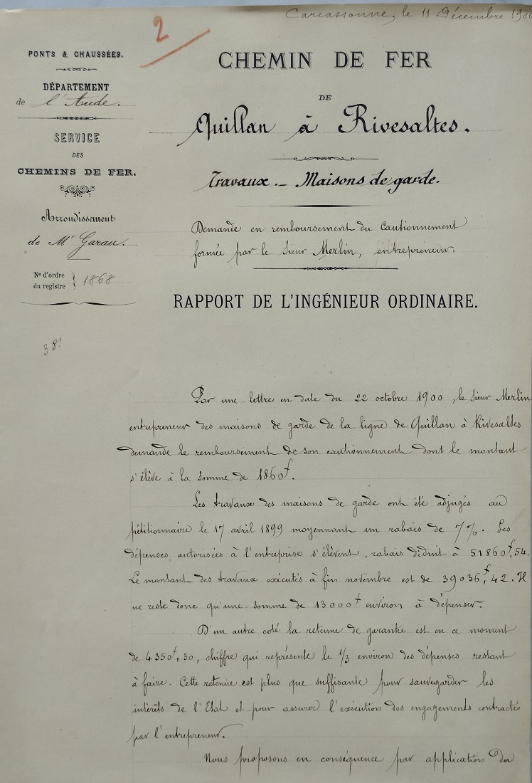 11 décembre 1900 - Demande de remboursement de cautionnement par Alphonse Merlin - 1