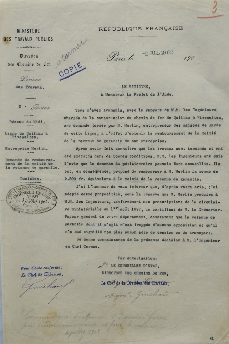 02 juillet 1902 - Décision demande de remboursement  de la moitié de la retenue de garantie par Alphonse Merlin