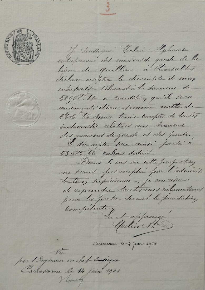 4 juin 1904 - engagement de l'entrepreneur à accepter les condition d'arbitrage