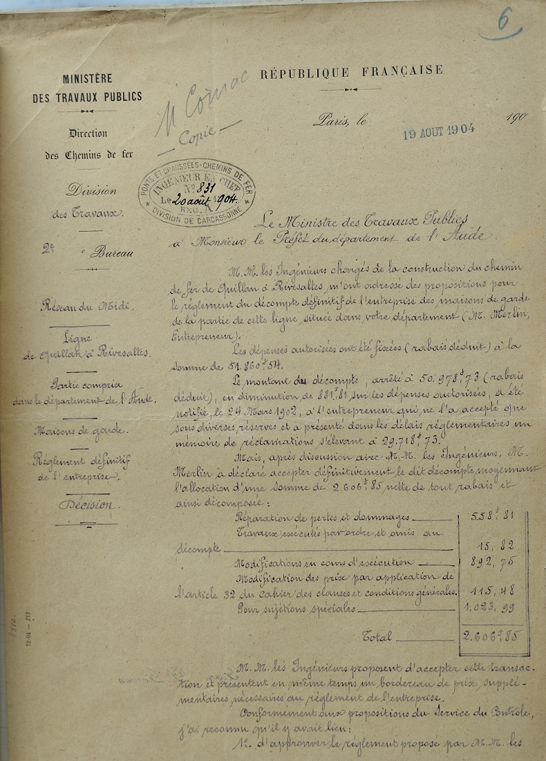 19 Août 1904 - Décision ministérielle approuvant le règlement amiable et accordant une indemnité de 2606,85F - 1