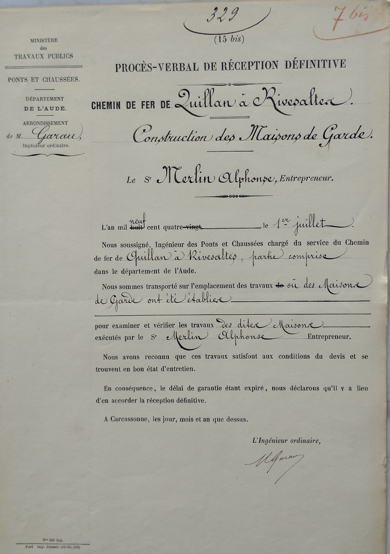 1 juillet 1904 - Procès verbal de Réception définitive des travaux