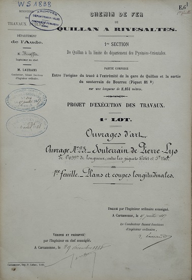 Ouvrage n°23 - Sous-terrain de la Pierre-Lys - 1ère feuille - Plans et coupes longitudinales du 25 juillet 1887 - 1