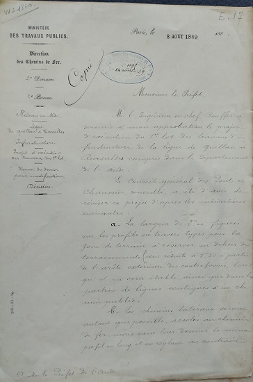 Réponse du ministère des travaux publics - lot 1 du 08 août 1889 - 1