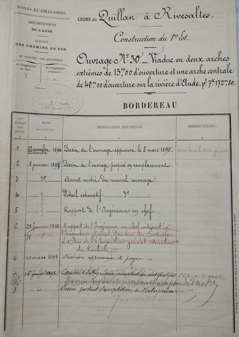 Bordereau des documents relatifs au viaduc du Rébuzo - ouvrage n° 30