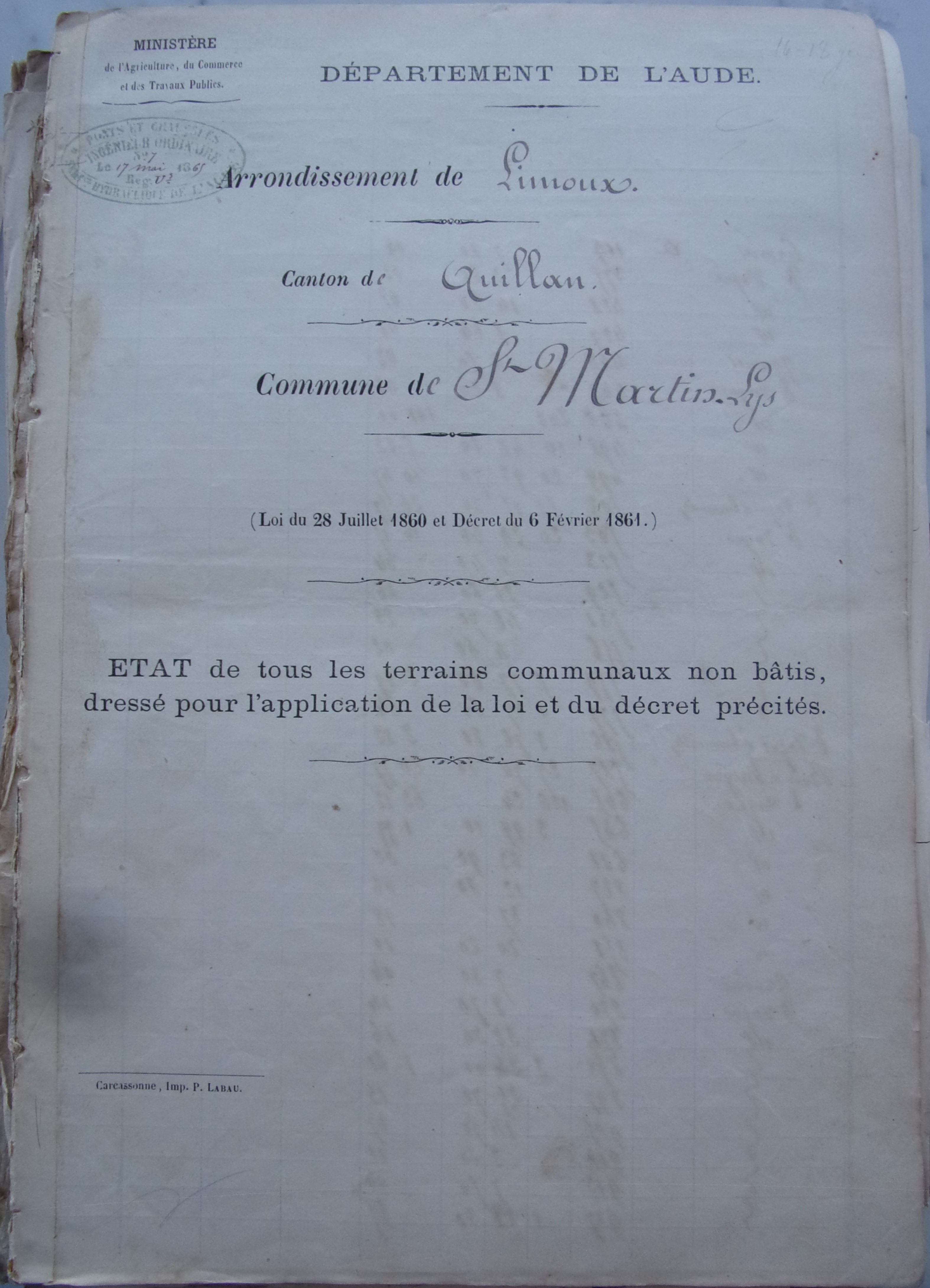 15 février 1862 - Etat de classement des terrains non batis de la commune p1