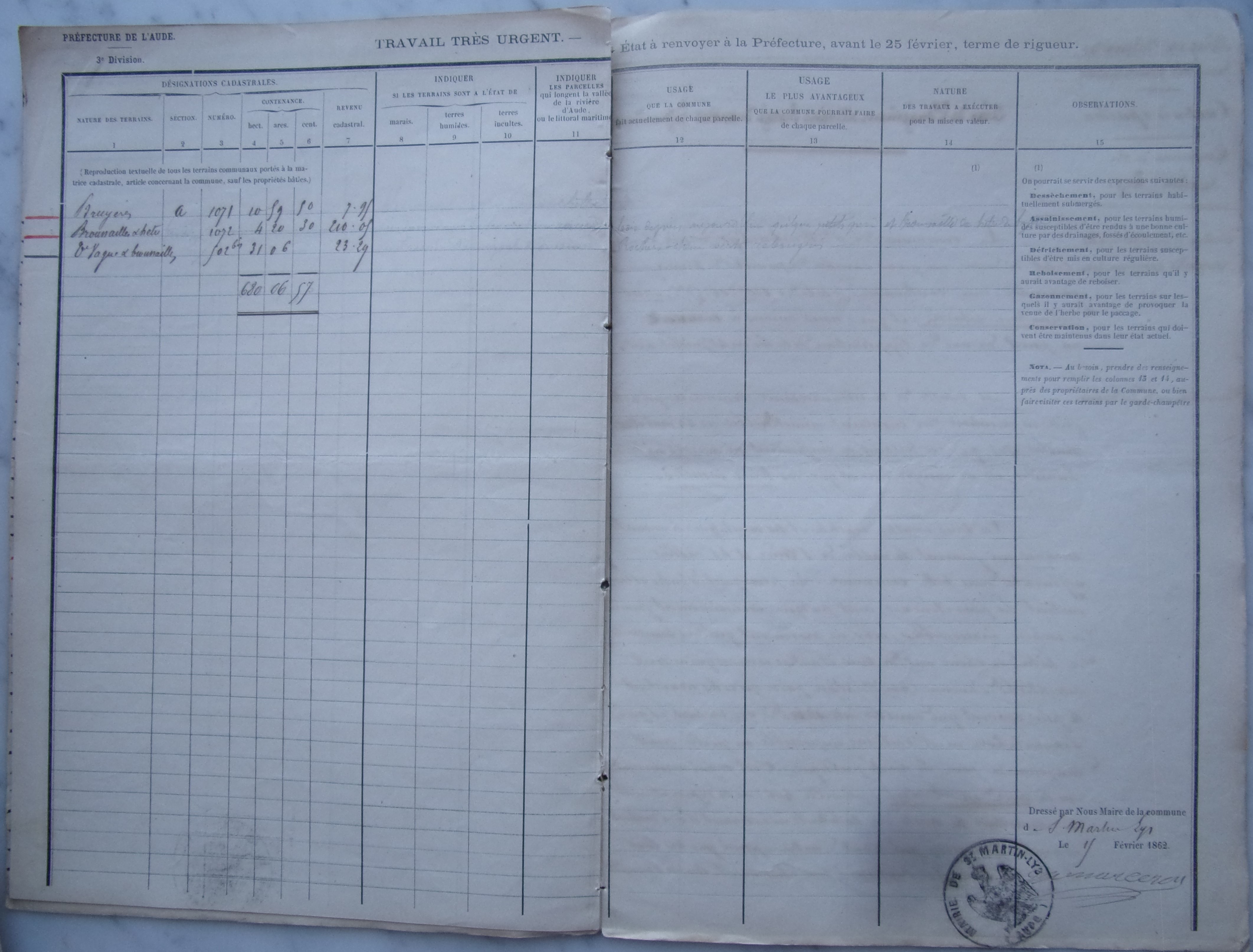 15 février 1862 - Etat de classement des terrains non batis de la commune p4