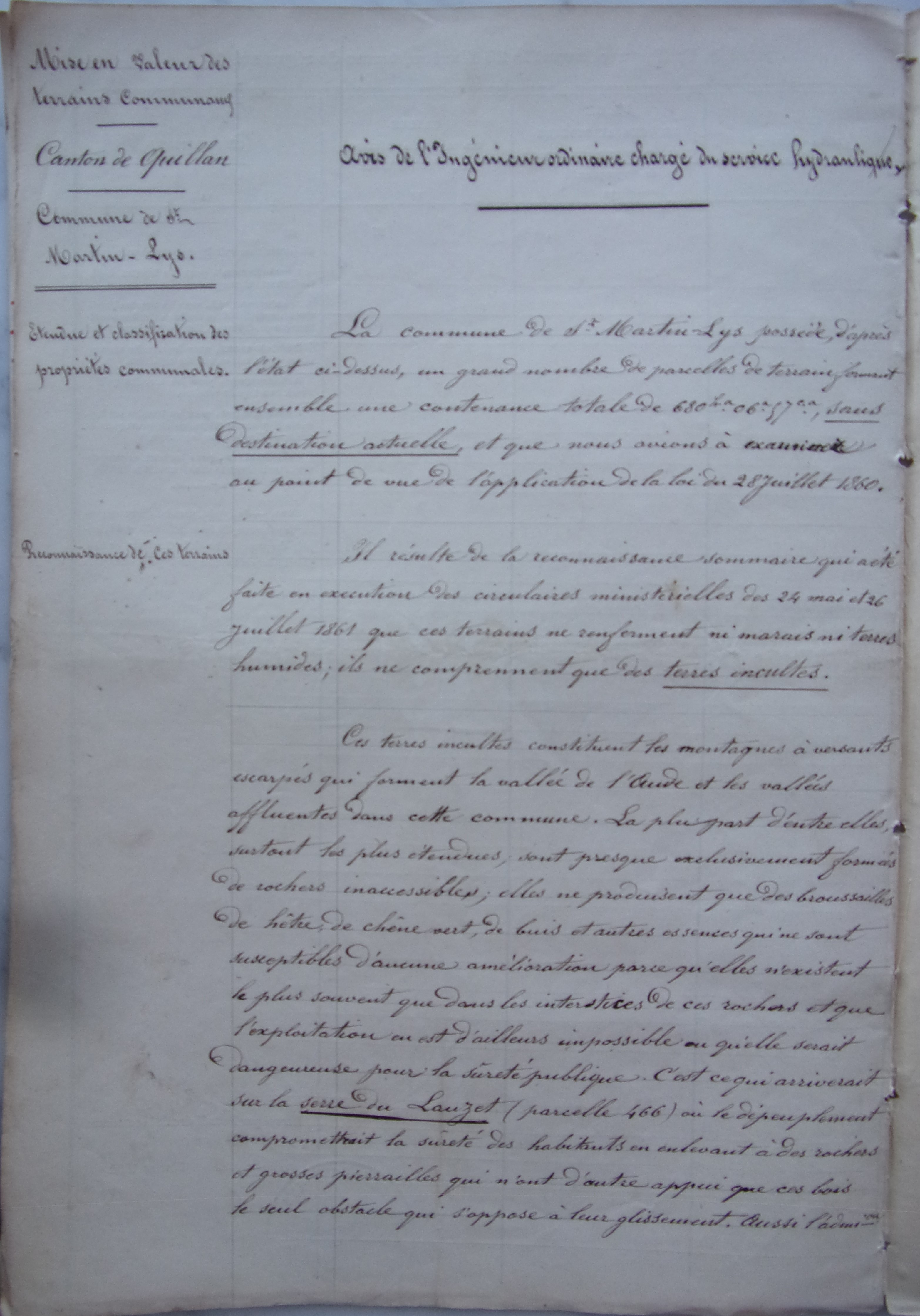 17 mai 1865 - Avis ingénieur ordinaire du service hydraulique Etendue et classification des propriétés communales p1