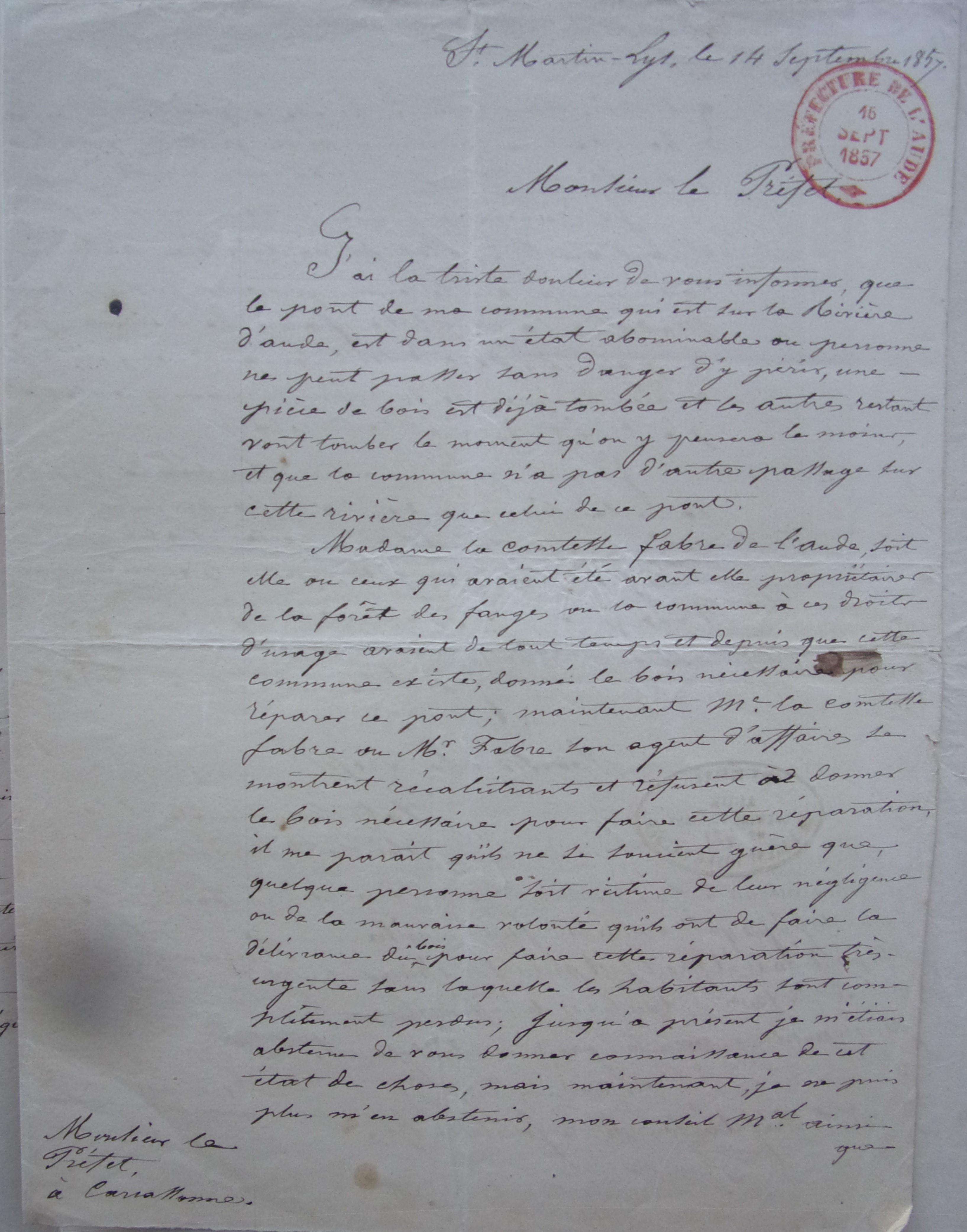 14 septembre 1857 - Maire à Sous-Préfet - Demande d'autorisation pour engager des dépenses pour reconstruire la passerelle sur l'Aude -1 