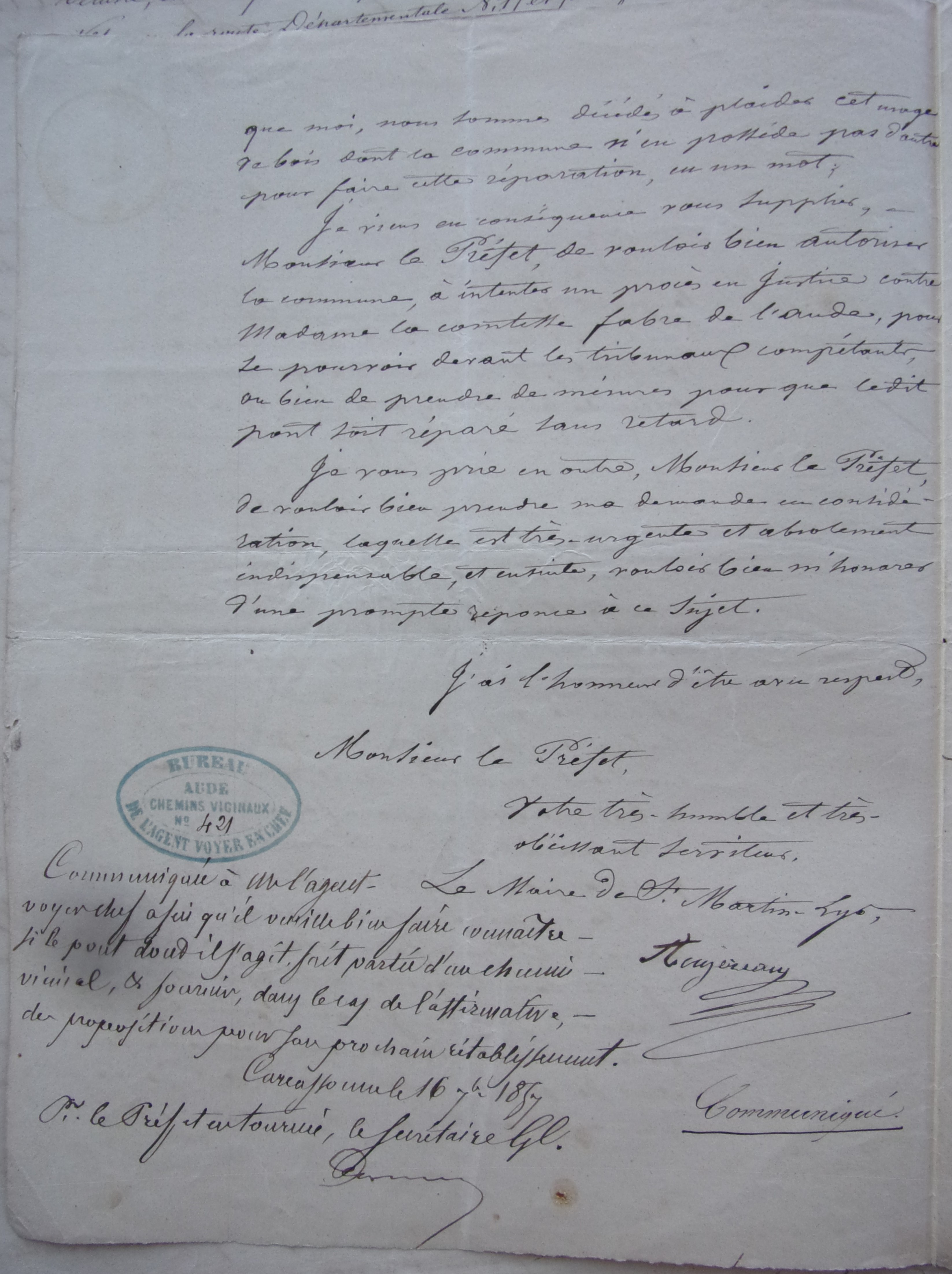 14 septembre 1857 - Maire à Sous-Préfet - Demande d'autorisation pour engager des dépenses pour reconstruire la passerelle sur l'Aude -2 