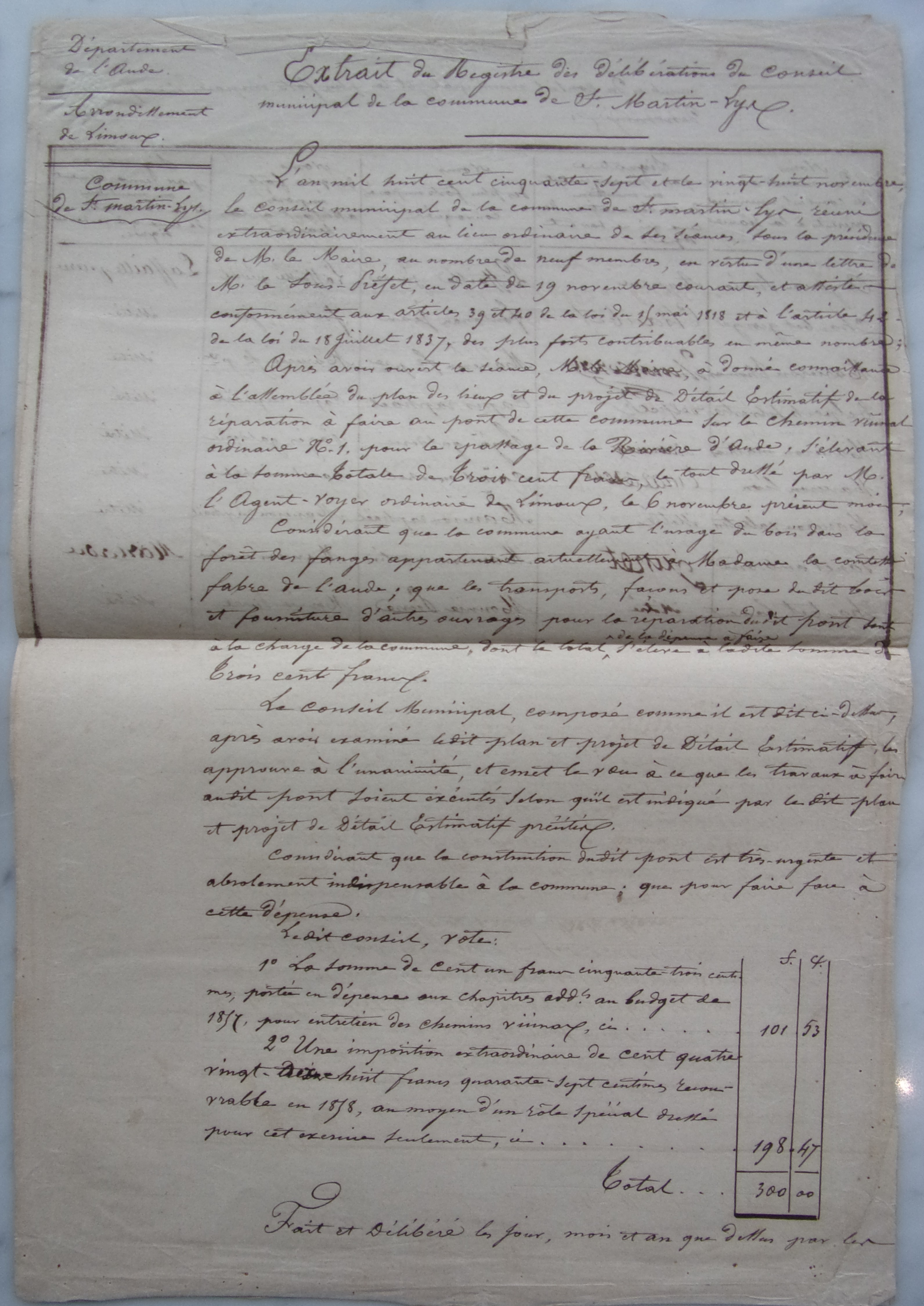 28 novembre 1857 Délibération du conseil municipal validant la dépense à faire pour la passerelle exemplaire 1 - 1