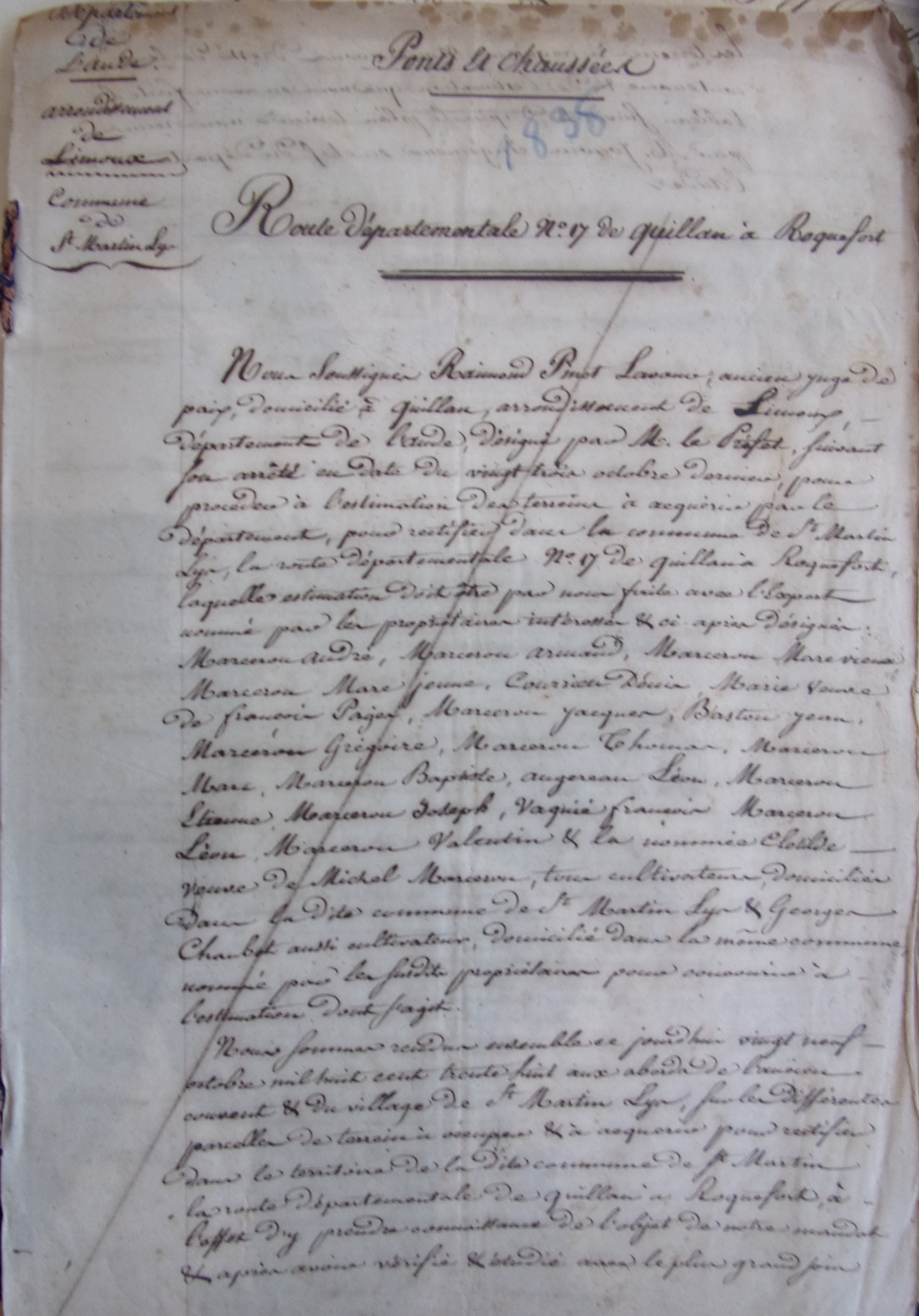 Rectification et restauration de la route départementale n°17 - Terrains à Acquérir - 8 novembre 1838 - 1 - introduction