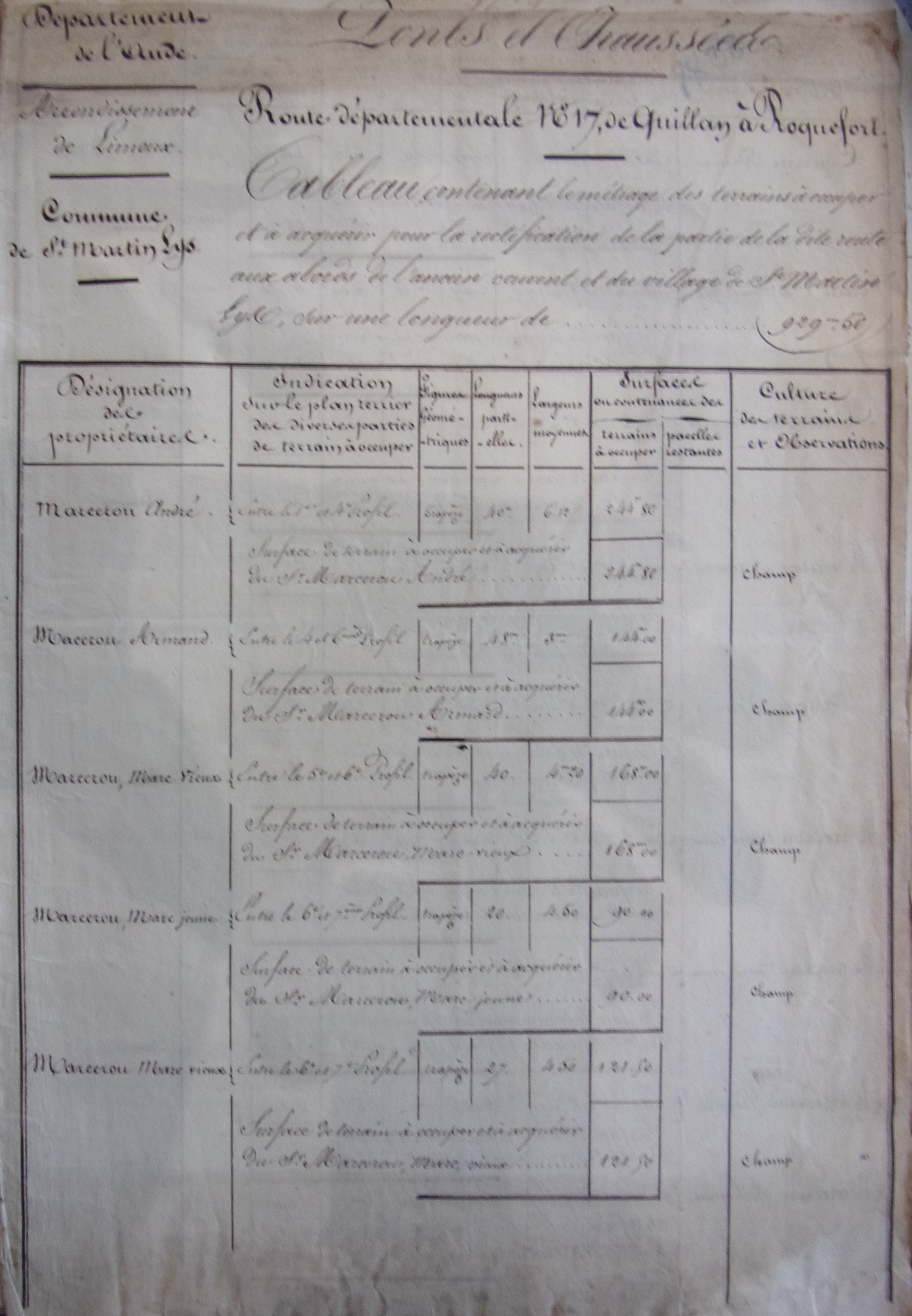 Rectification et restauration de la route départementale n°17 - tableau des metrages de terrassement du 10 octobre 1838 - 1