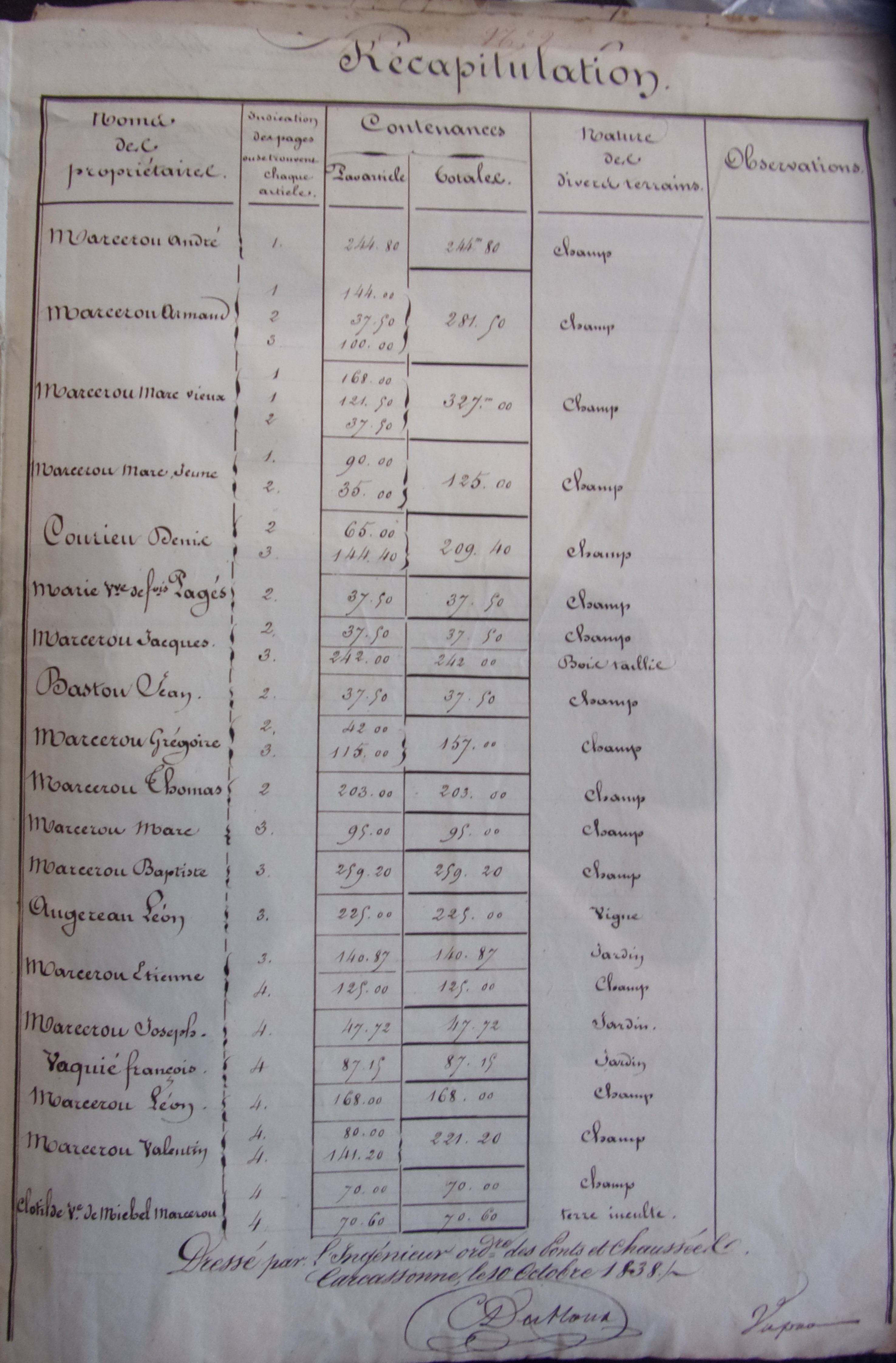 Rectification et restauration de la route départementale n°17 - tableau des metrages de terrassement du 10 octobre 1838 - 5