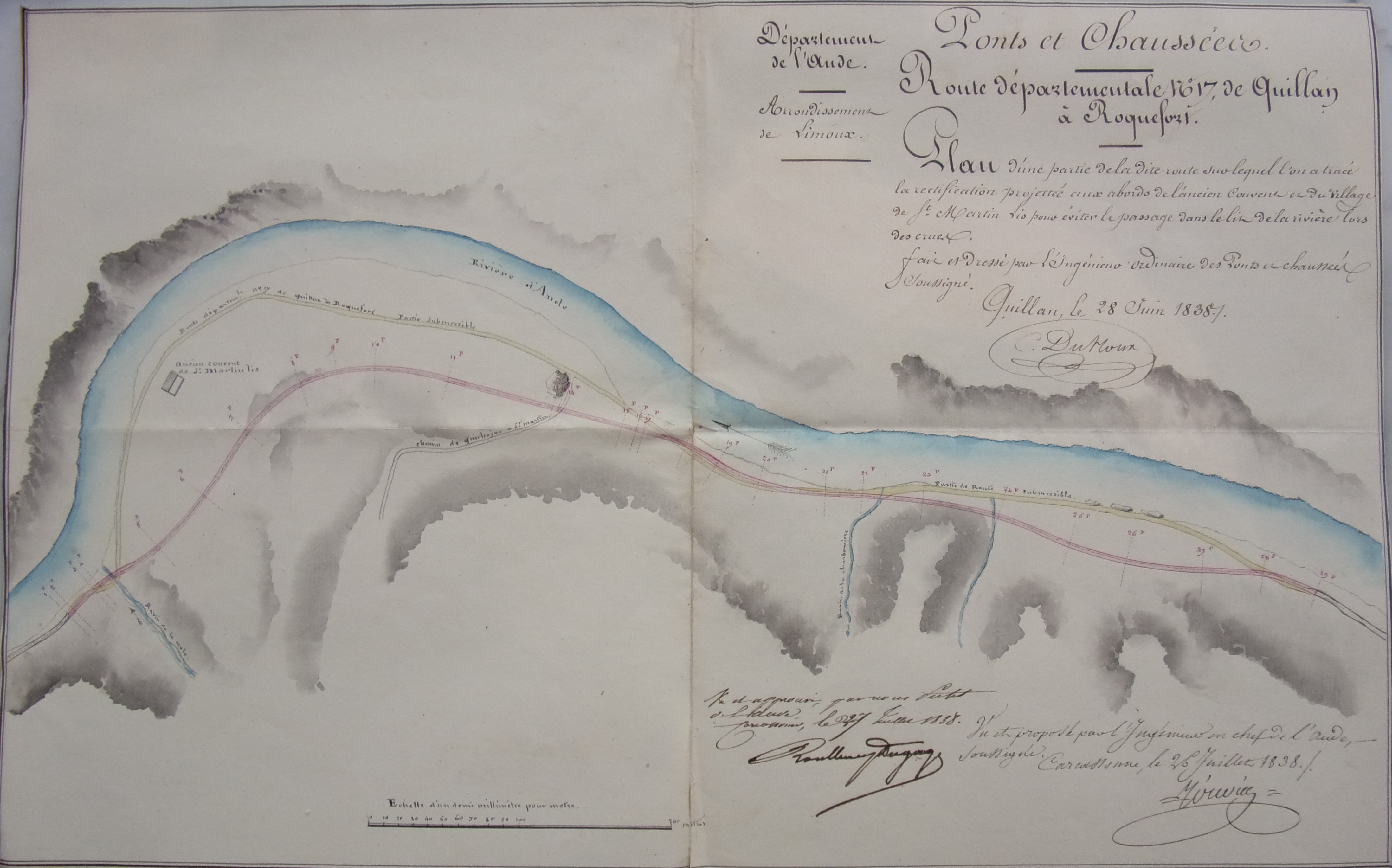 Rectification et restauration de la route départementale n°17 - Plan du 28 juin 1838