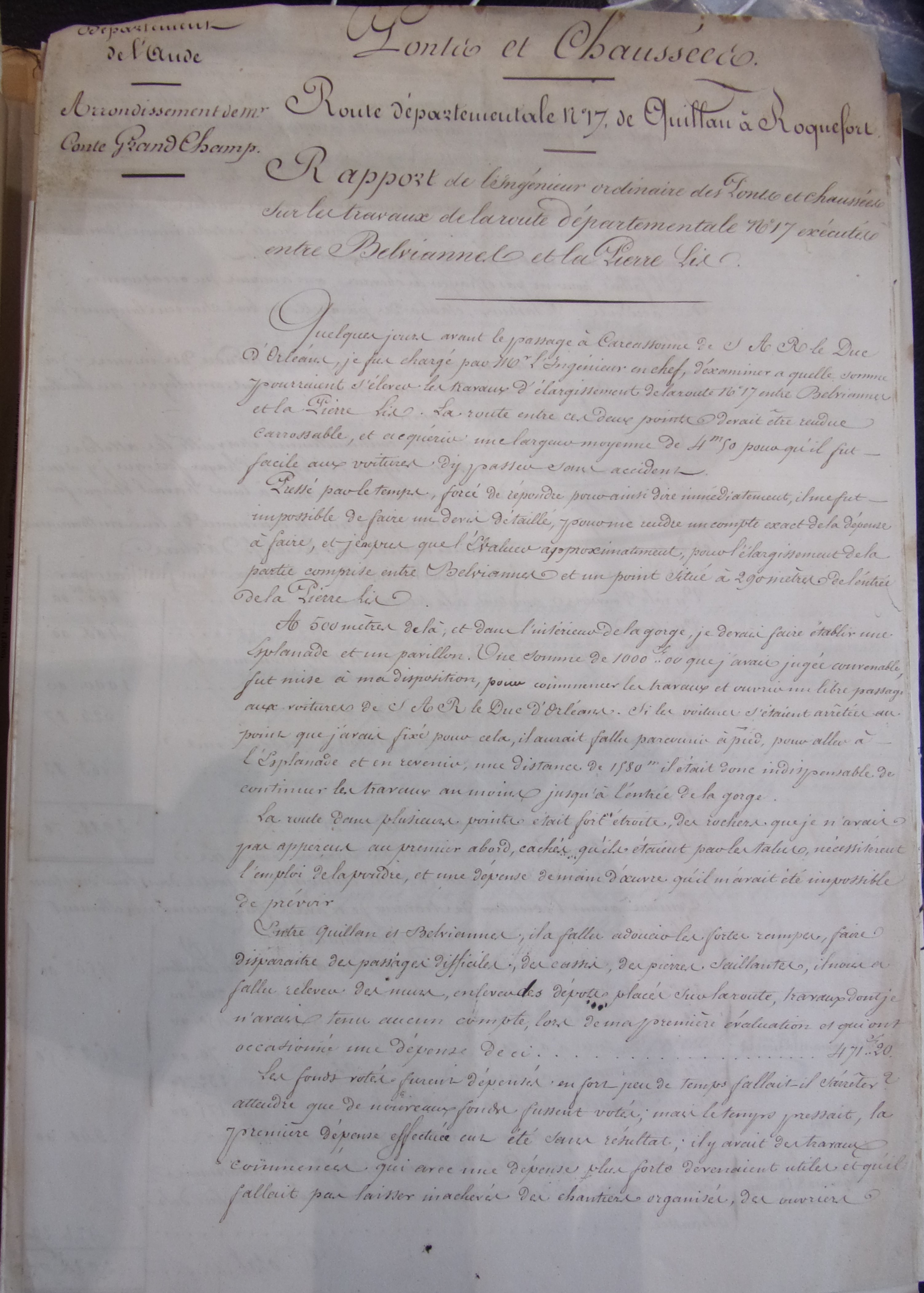 Rectification et restauration de la route départementale n°17 - Rapport des Ponts et chaussées du janvier 1840 - 1