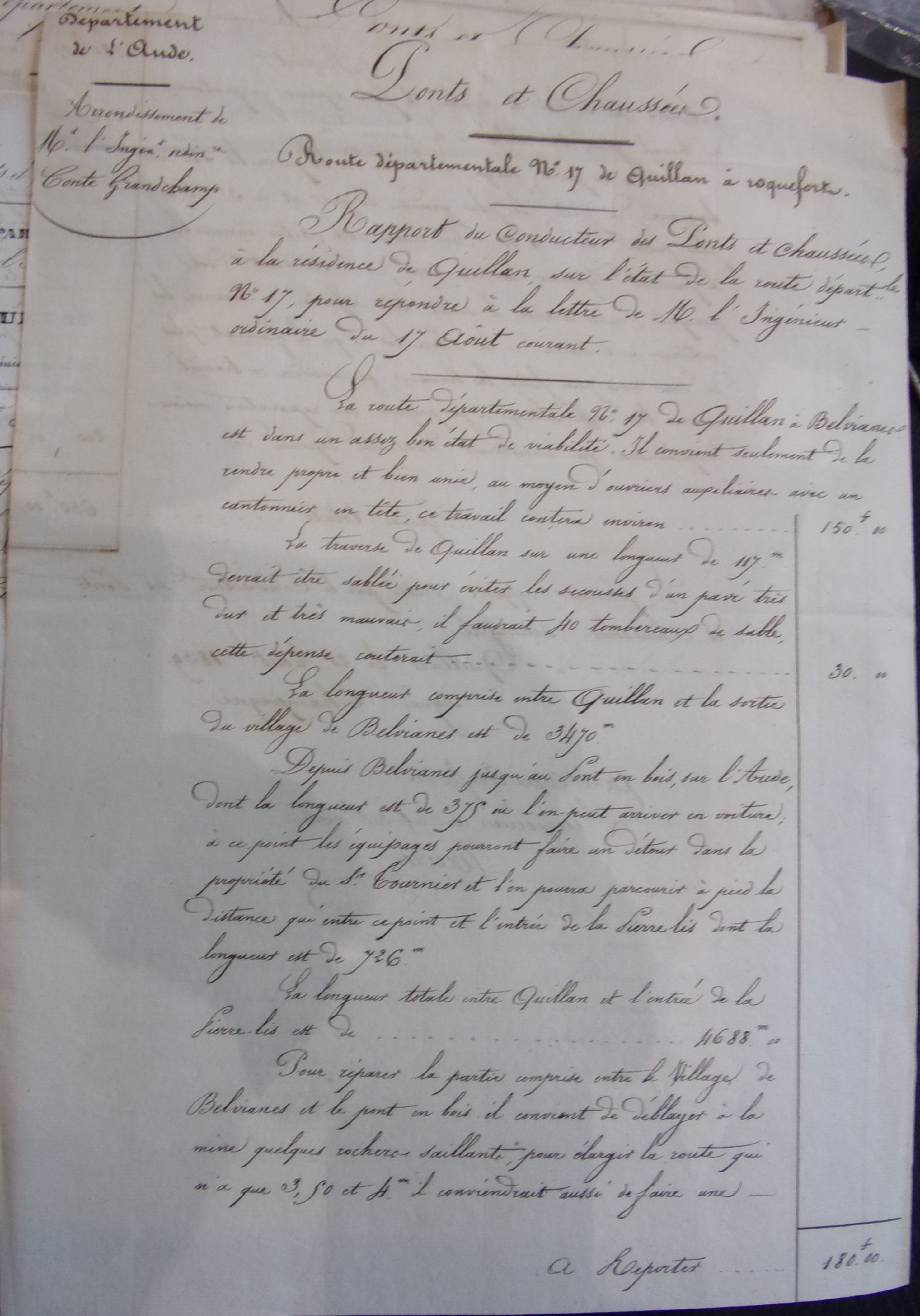 Rectification et restauration de la route départementale n°17 - Rapport du conducteur des Ponts et chaussées du 21 août 1839 - 1