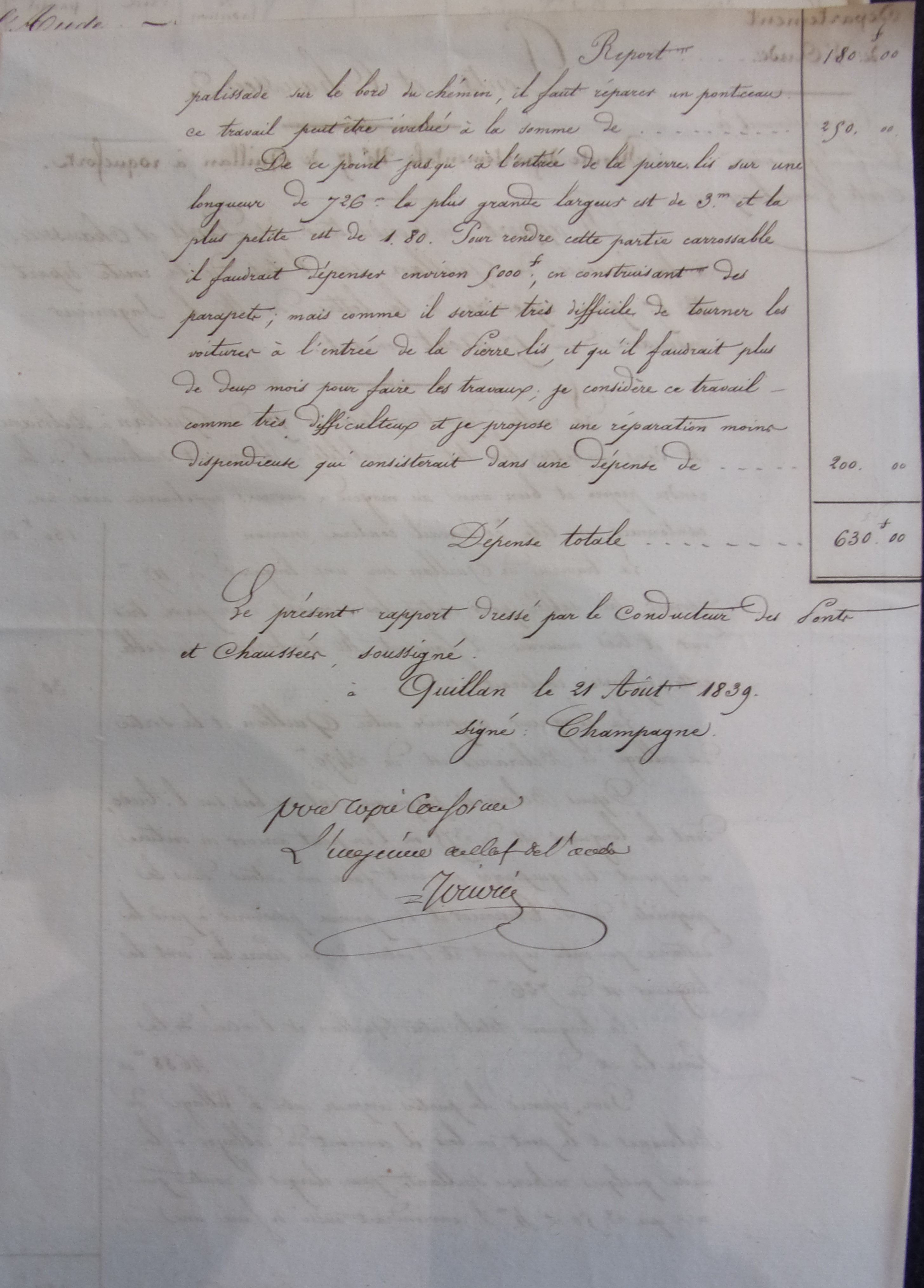 Rectification et restauration de la route départementale n°17 - Rapport du conducteur des Ponts et chaussées du 21 août 1839 - 2