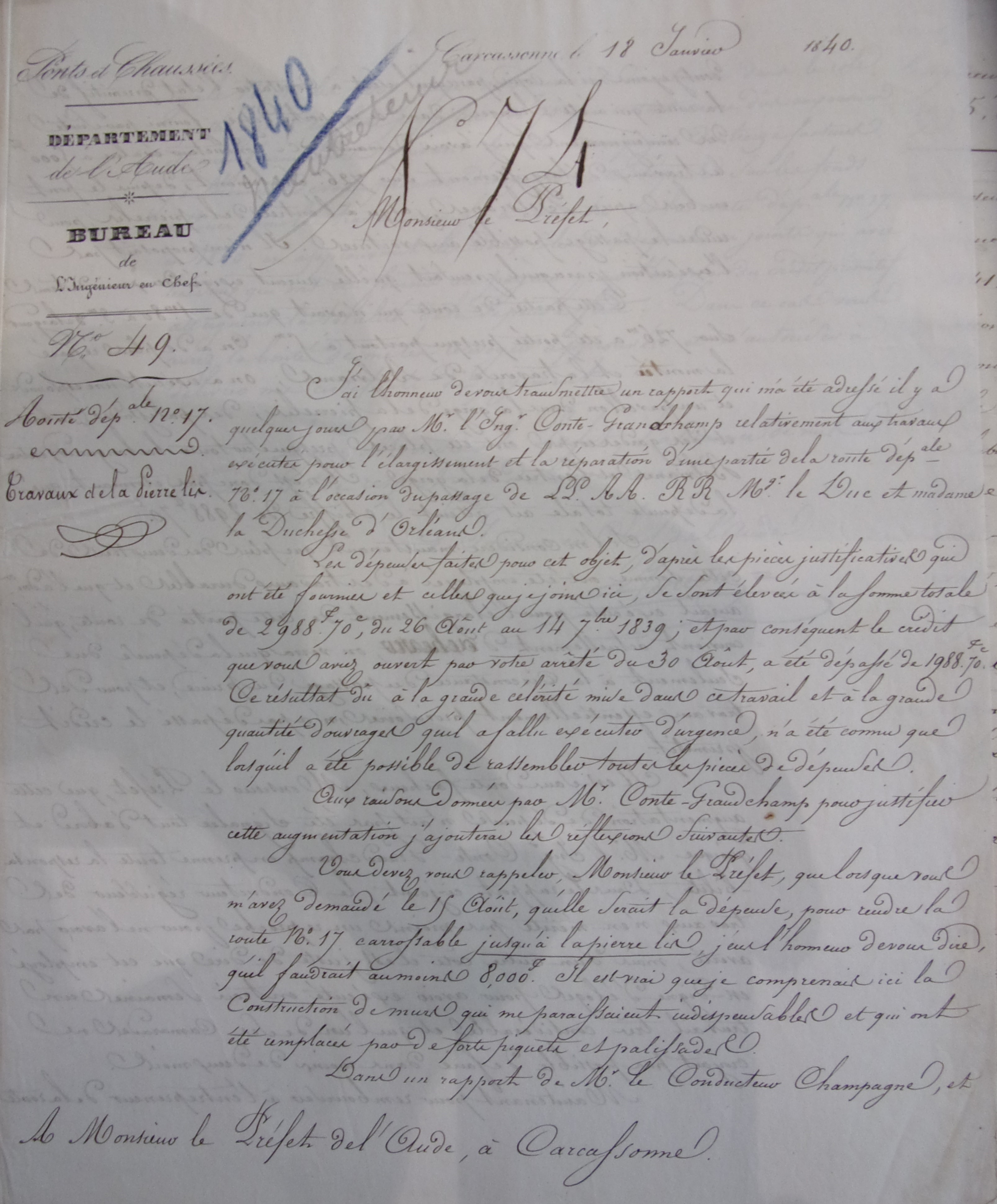 Rectification et restauration de la route départementale n°17 - Lettre au Préfet d'accompagnement du Rapport des Ponts et chaussées du 18 janvier 1840 - 1