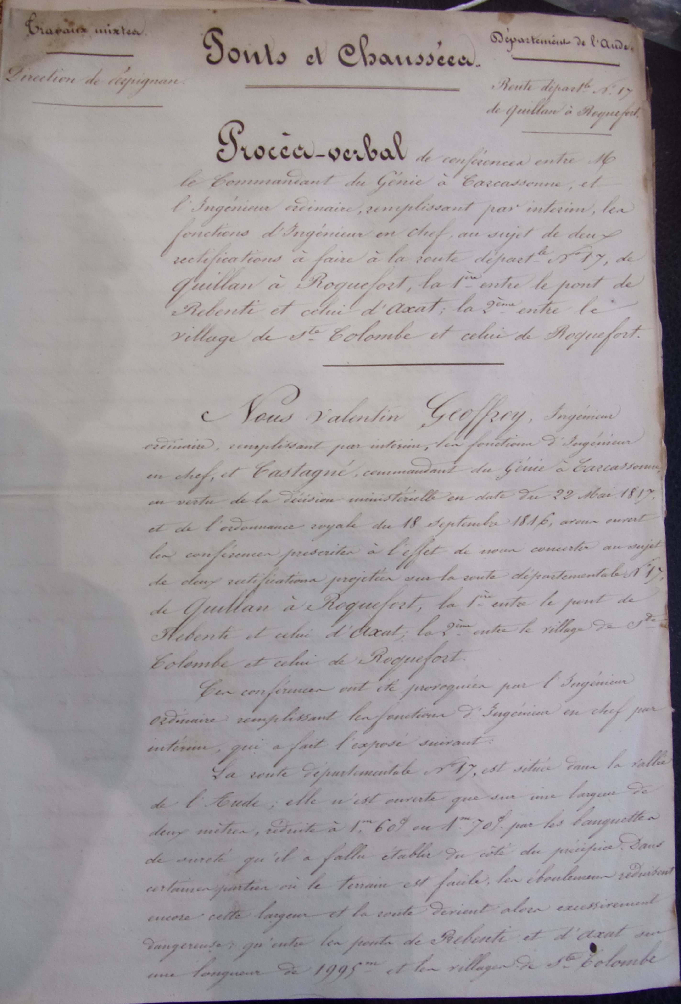 Rectification et restauration de la route départementale n°17 - Plan Procès verbal de conférence du 26 mars 1841 - 1