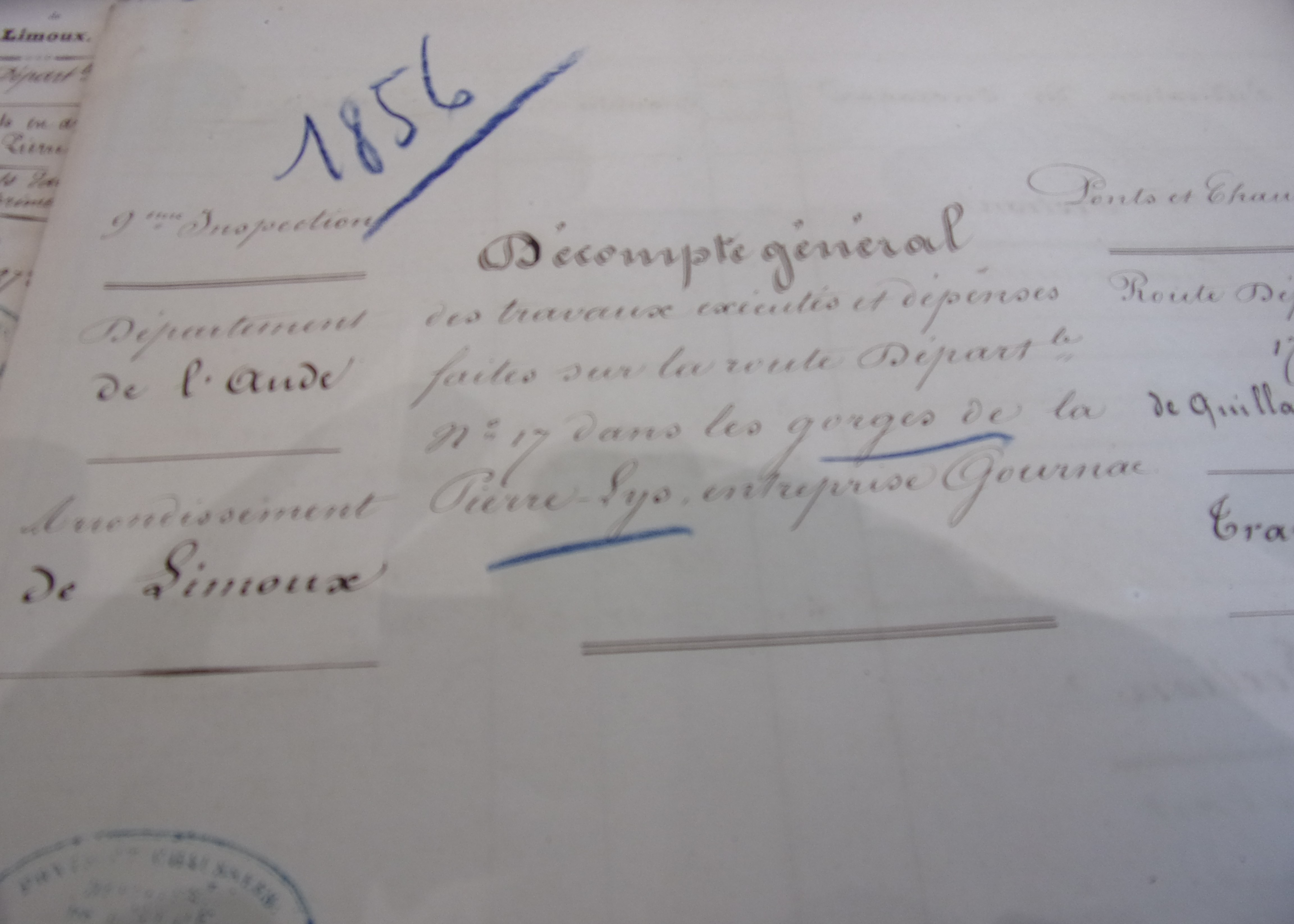 Rectification et restauration de la route départementale n°17 - Décompte des travaux exécutés dans les gorges de la Pierre-Lys du 11 août 1856 - 1