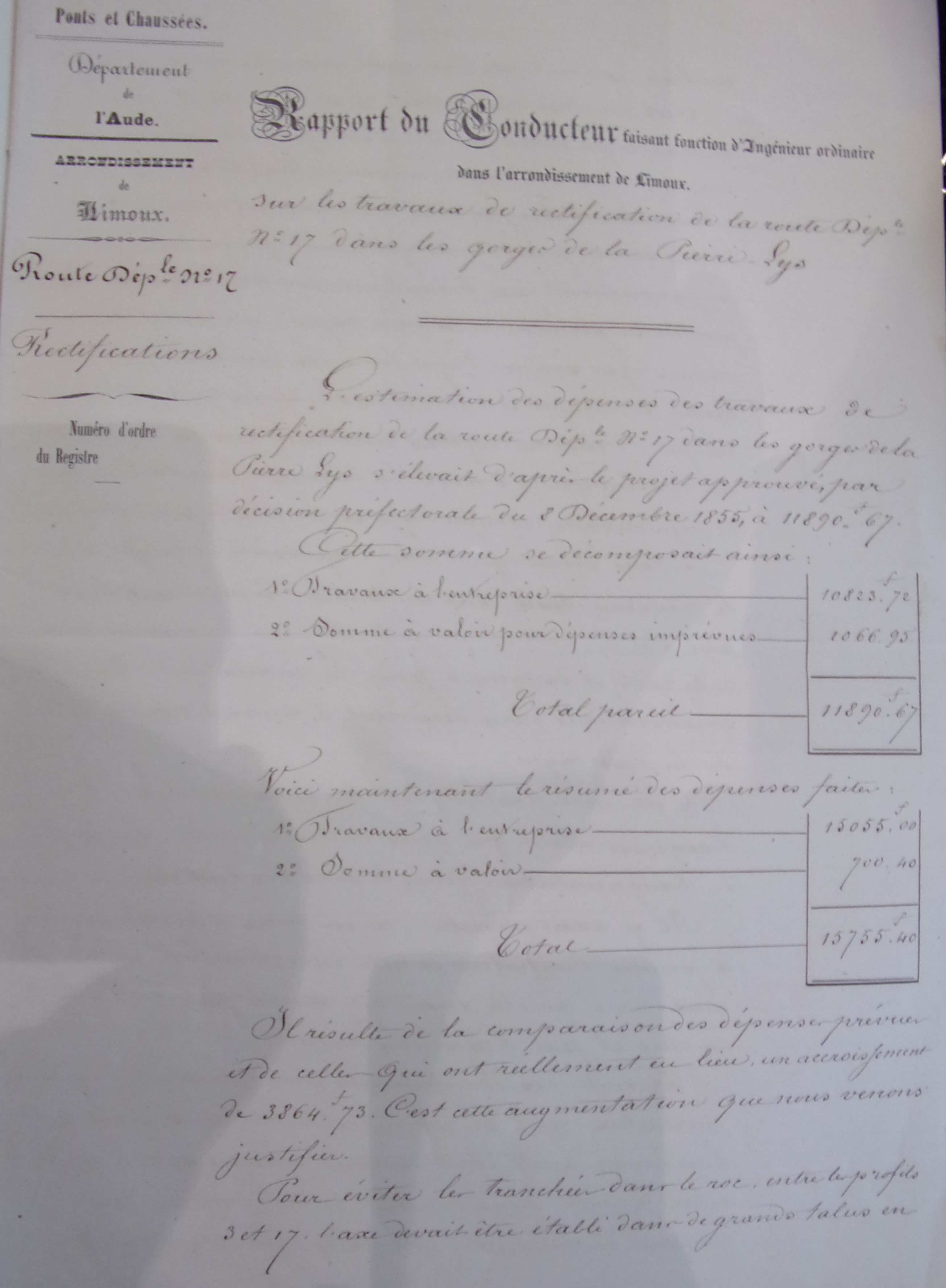 Rectification et restauration de la route départementale n°17 - Rapport du Conducteur du 2 août 1856 - 1