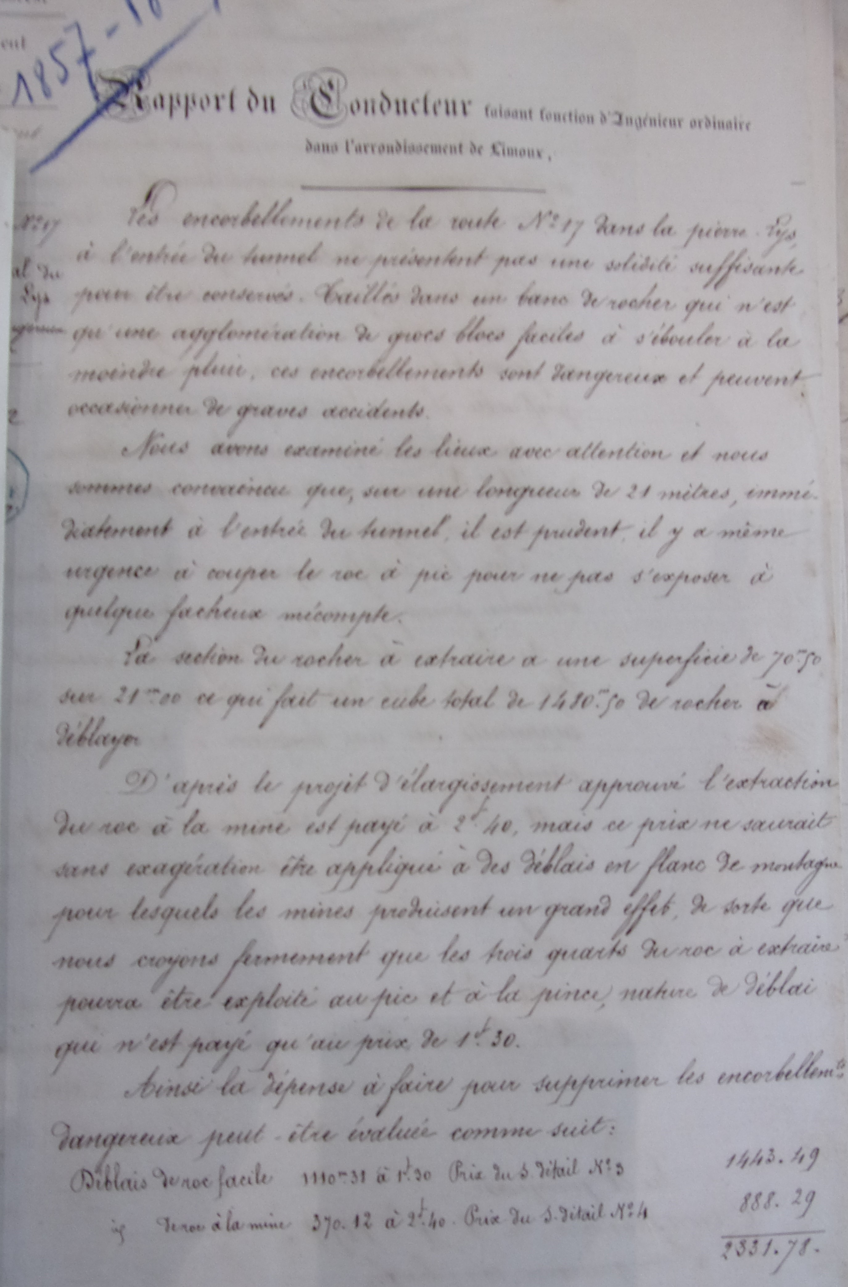 Suppressions d'encorbellements dans la Pierre-Lys - route départementale n°17 - Rapport du Conducteur du 6 octobre 1859 - 1