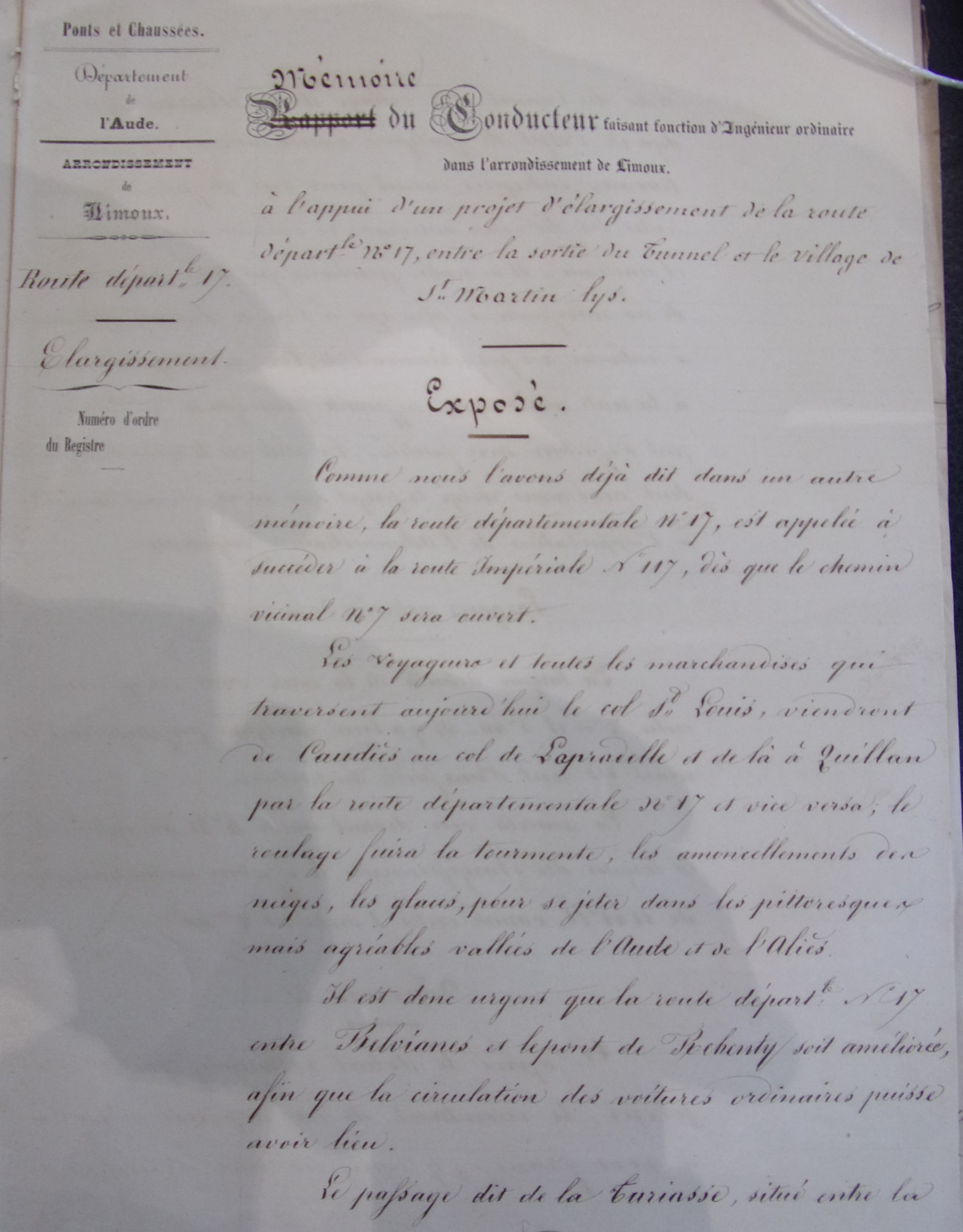 Projet d'élargissement de la route départementale n°17, entre la sortie du tunnel et le village de St Martin Lys - Mémoire du Conducteur du 7 août 1856 - 1