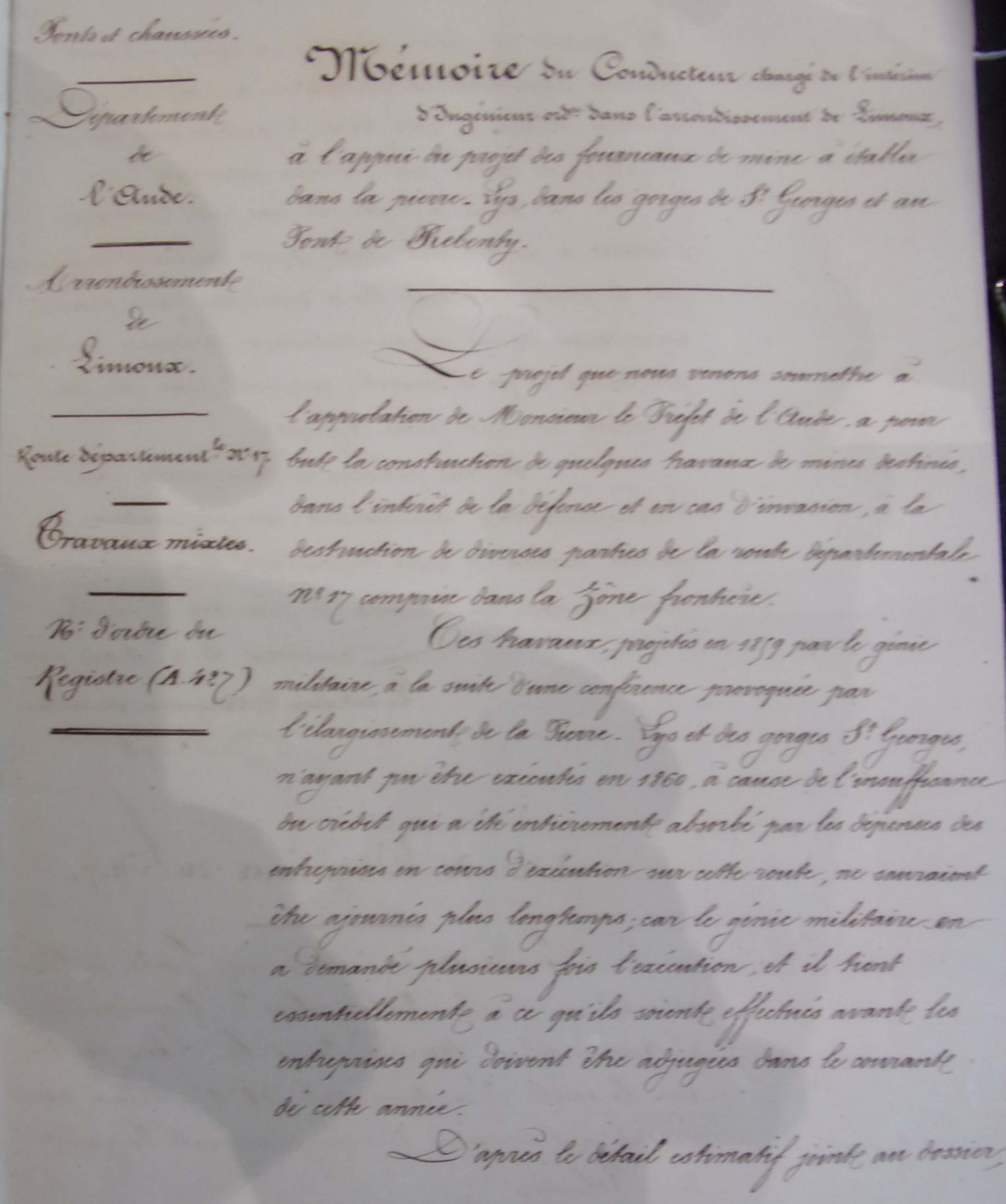 Projet des fourneaux de mine à établir dans le Pierre-Lys, dans les gorges de St Georges et au Pont de Rebenty - Mémoire du Conducteur du 5 mars 1861 - 1