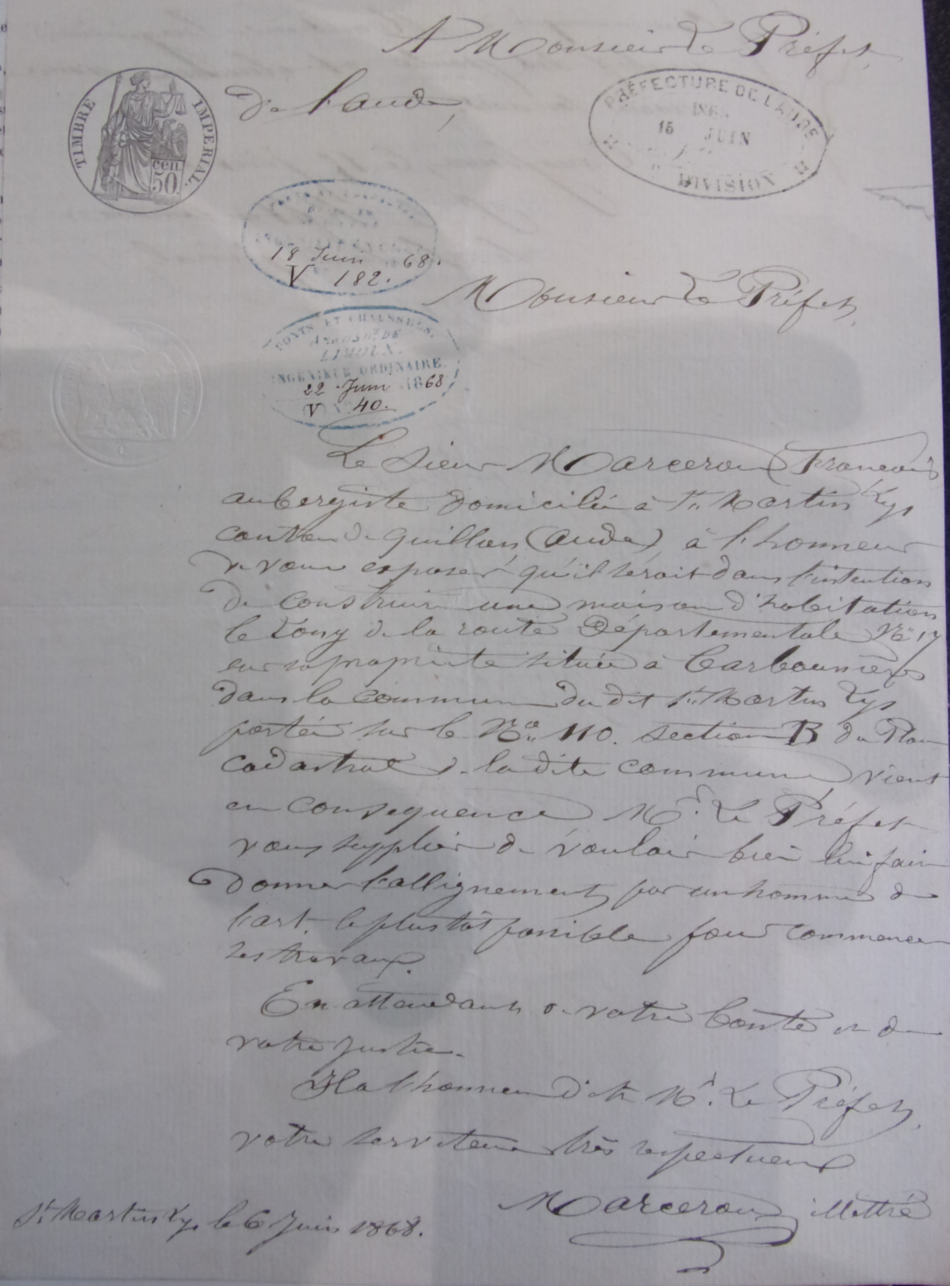 Demande de création d'une auberge sur la route départementale 17 par François Marcerou - Courrier du maire de Saint-Martin du 6 juin 1868 - 1