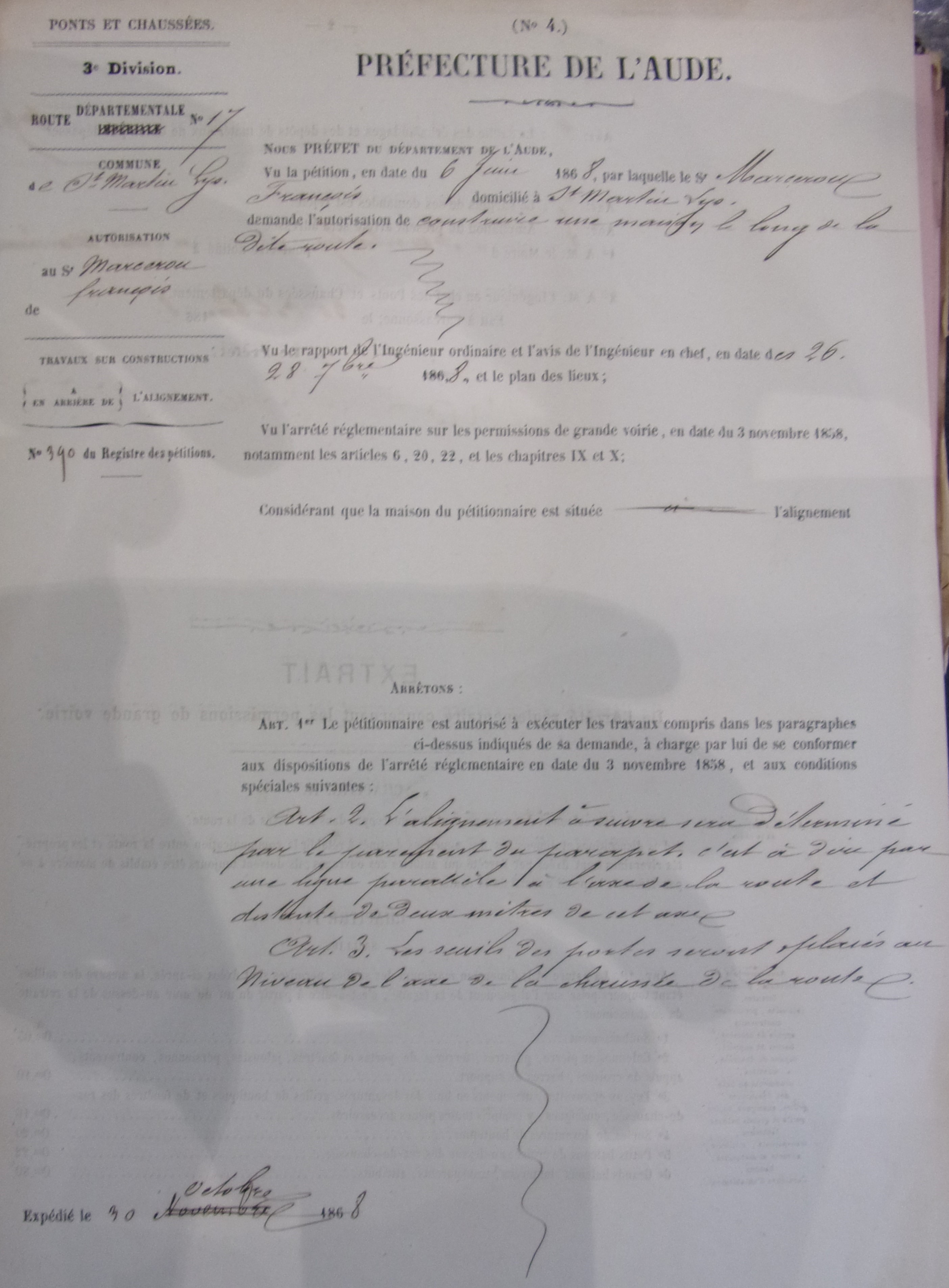 Demande de création d'une auberge sur la route départementale 17 par François Marcerou - Arrété d'Autorisation du 30 octobre 1868 - 1